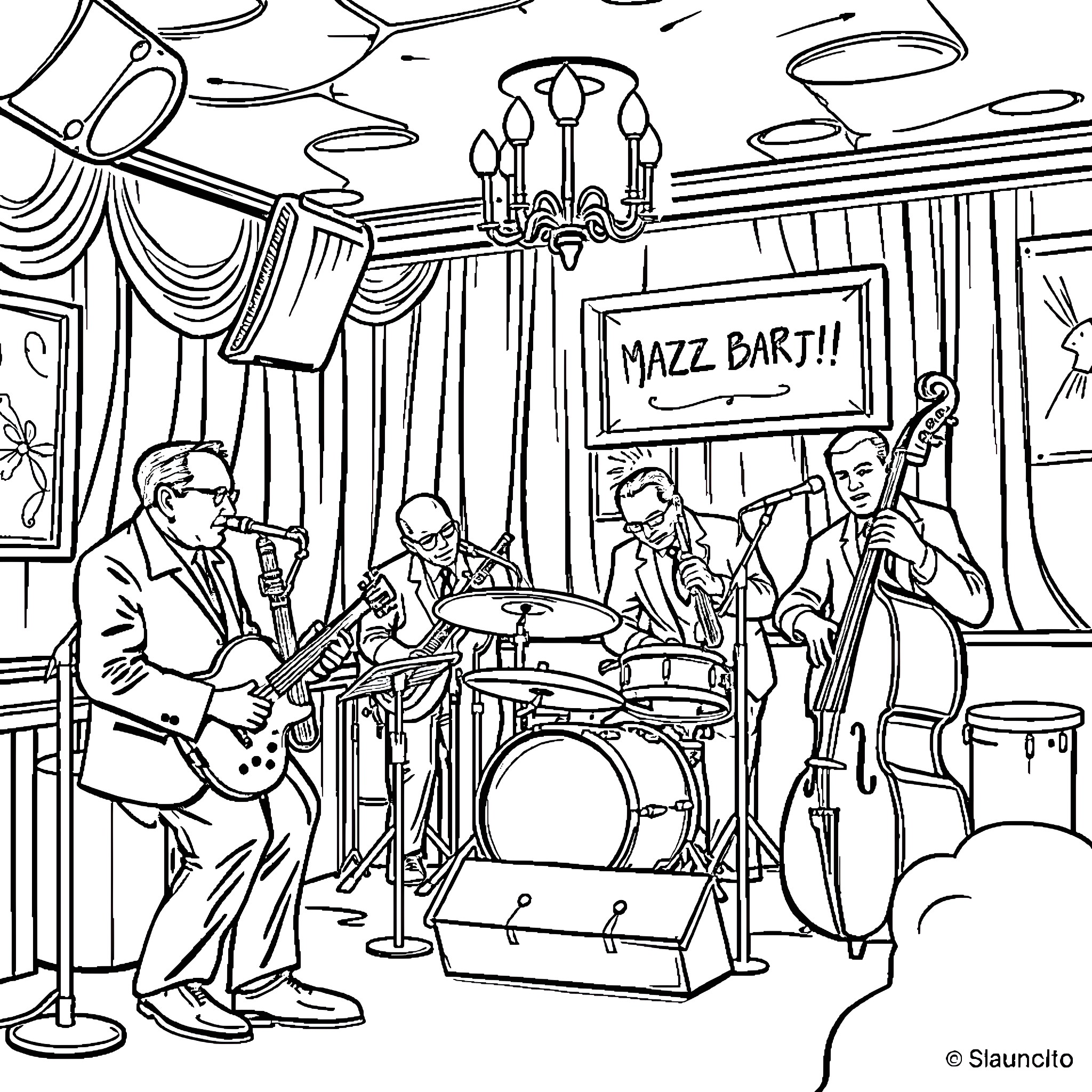 Jazz Musician Performing Lively Music on Stage Coloring Page (free black-and-white line drawing printable PDF for all, from beginners to advanced learners, including children, teens, adults, and seniors)