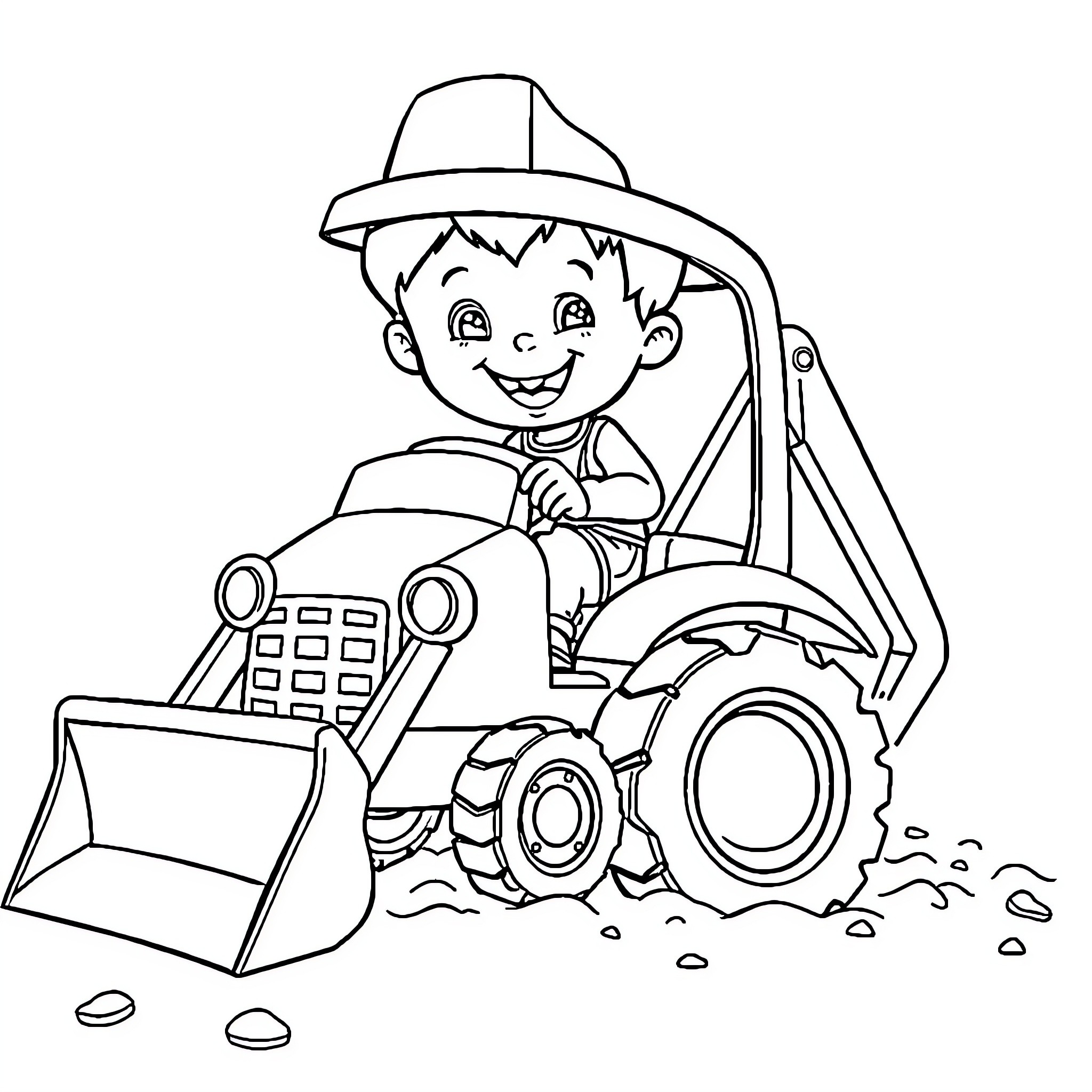 Boy operating a construction vehicle Coloring Page (free black-and-white line drawing printable PDF for all, from beginners to advanced learners, including children, teens, adults, and seniors)