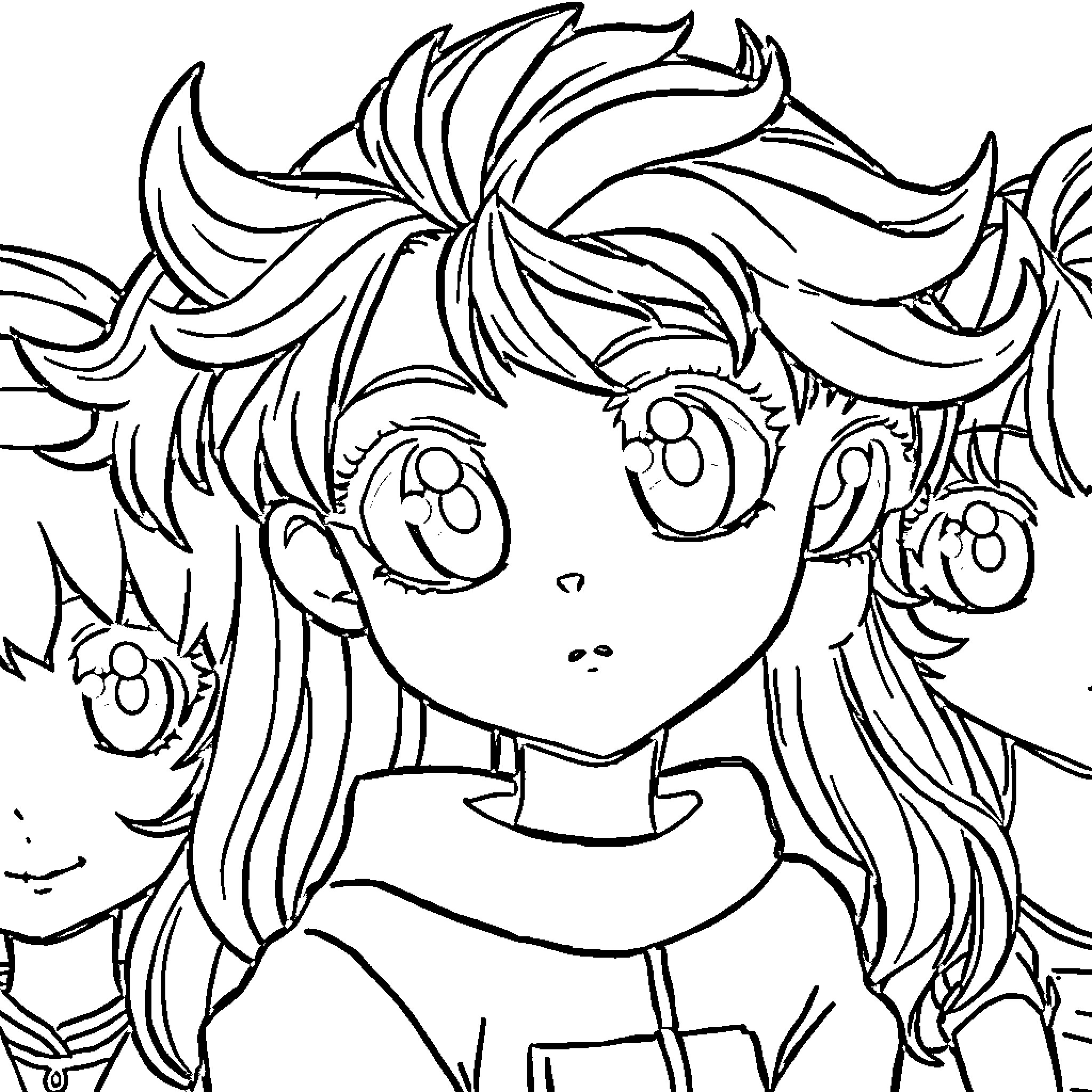Anime Character with Expressive Eyes and Flowing Hair Coloring Page (free black-and-white line drawing printable PDF for all, from beginners to advanced learners, including children, teens, adults, and seniors)