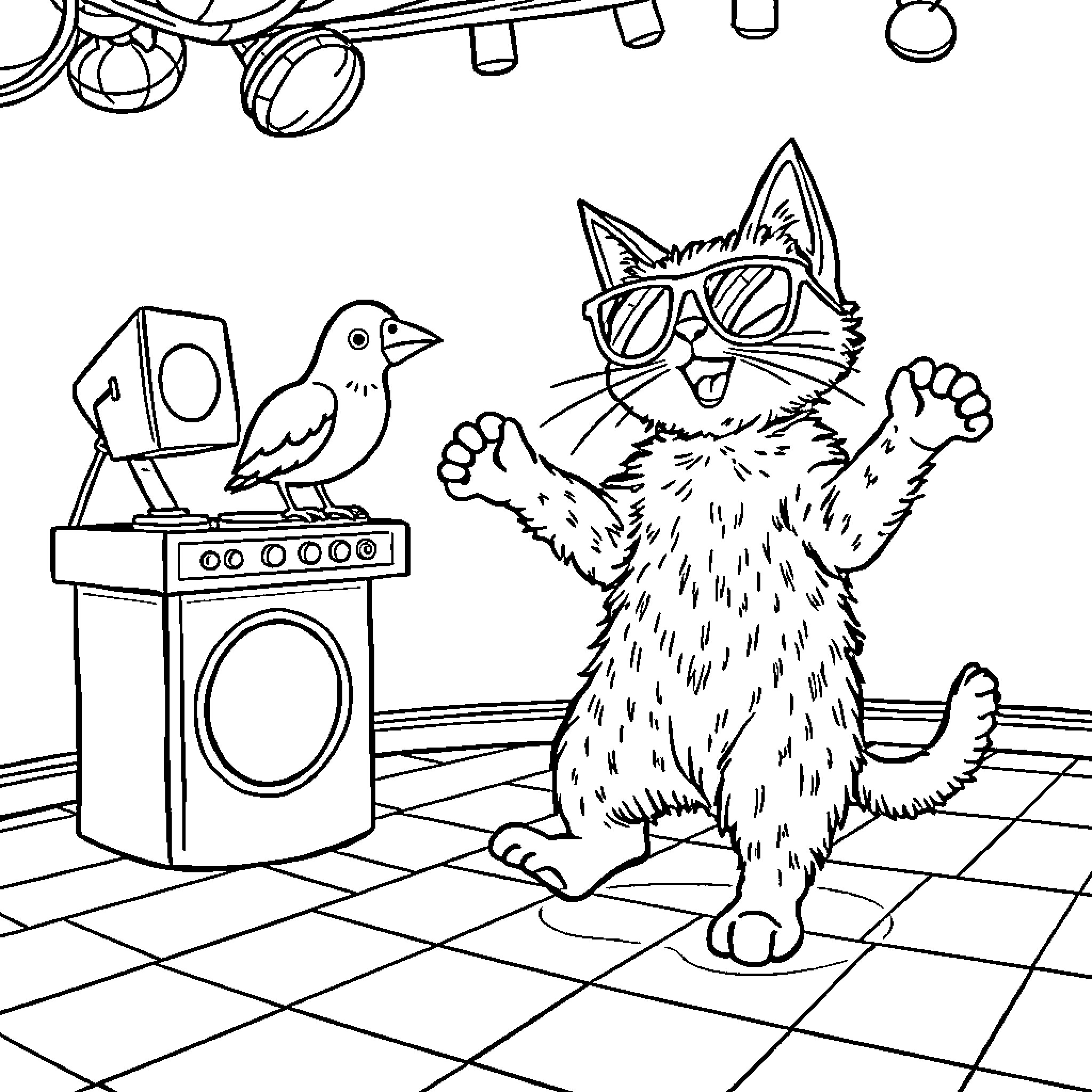 Cat playing with electronic devices Coloring Page (free black-and-white line drawing printable PDF for all, from beginners to advanced learners, including children, teens, adults, and seniors)