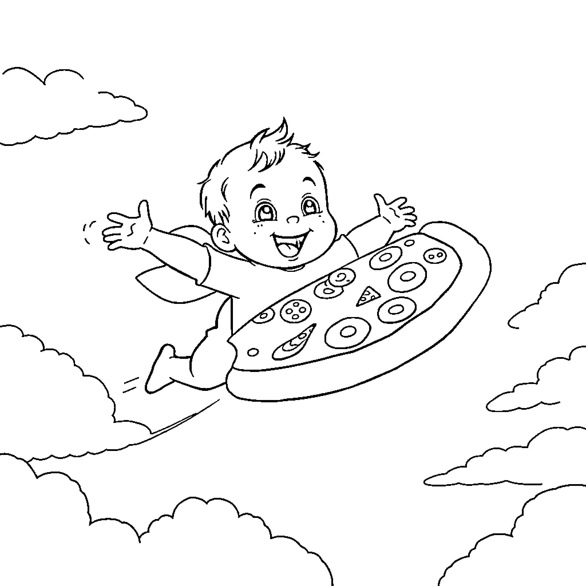 Baby flying joyfully on a spotted spaceship Coloring Page (free black-and-white line drawing printable PDF for all, from beginners to advanced learners, including children, teens, adults, and seniors)