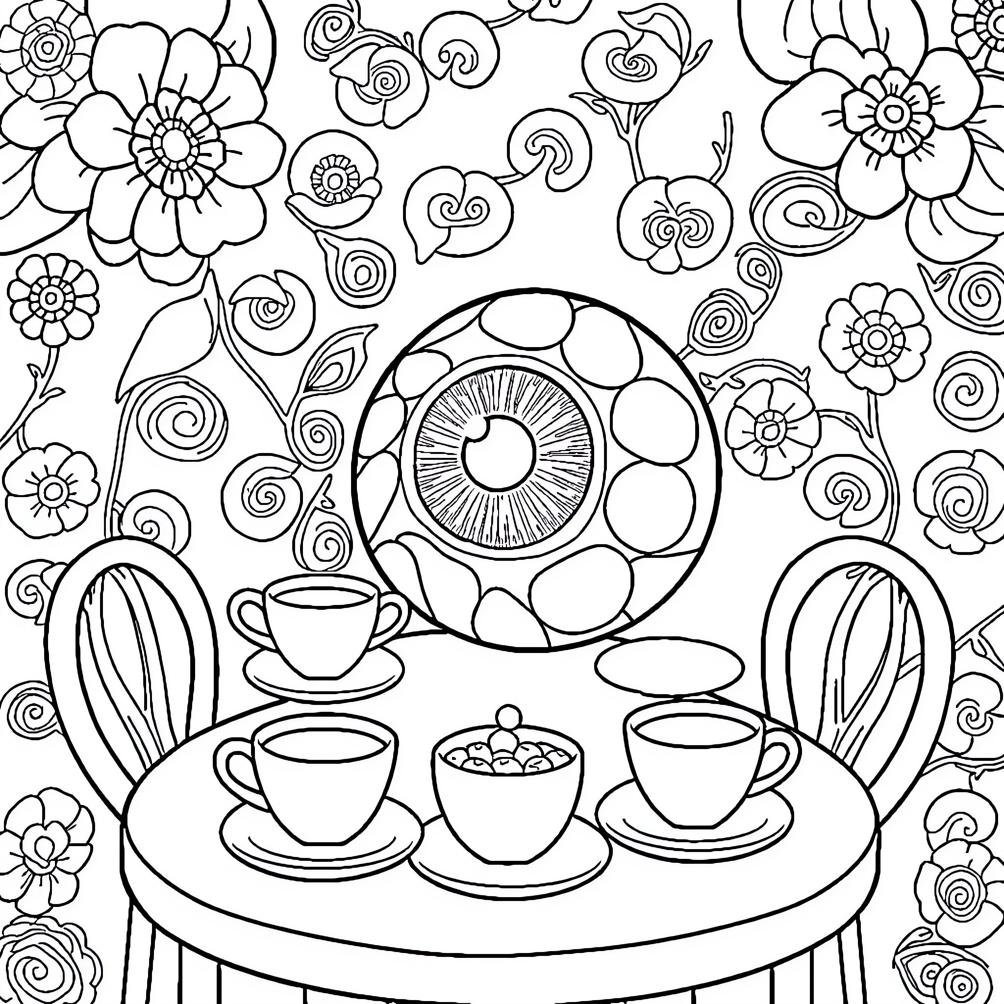Eye-catching Floral Tea Time Delight Coloring Page (free black-and-white line drawing printable PDF for all, from beginners to advanced learners, including children, teens, adults, and seniors)