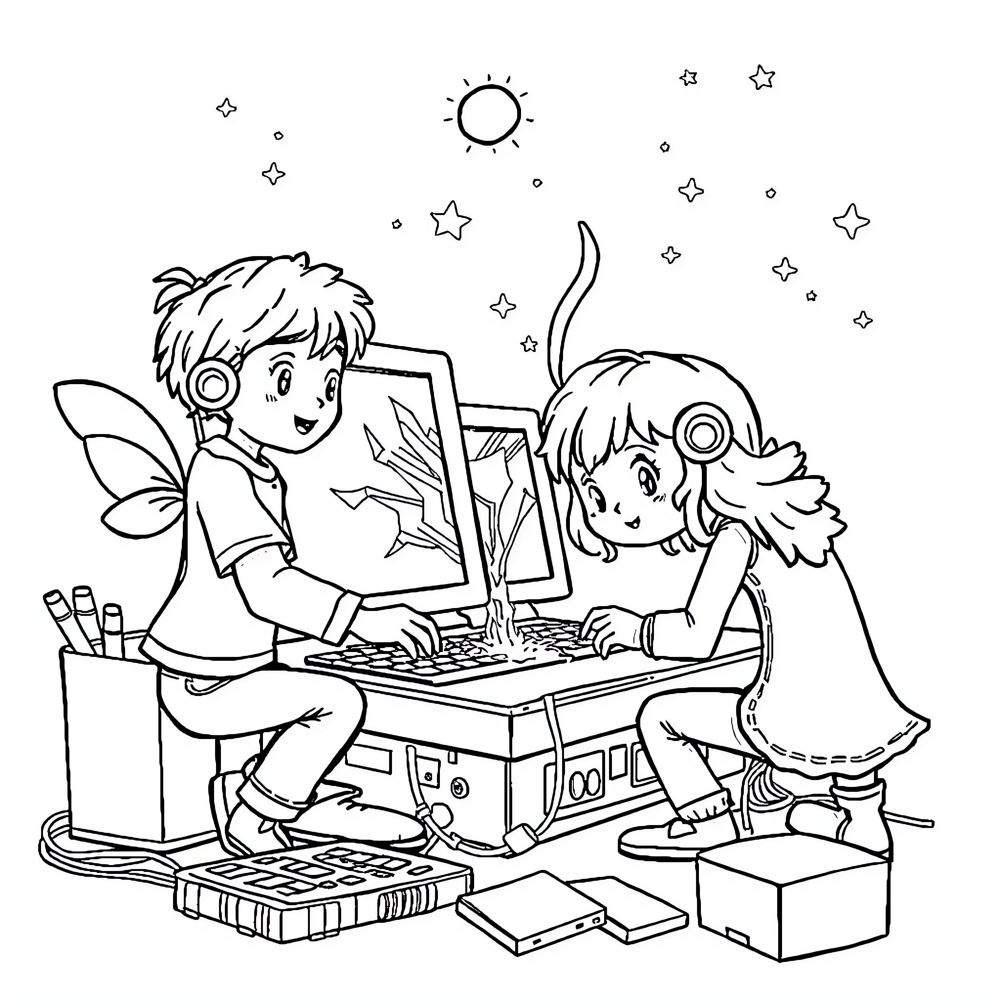 Fixie friends gaming under the stars Coloring Page (free black-and-white line drawing printable PDF for all, from beginners to advanced learners, including children, teens, adults, and seniors)