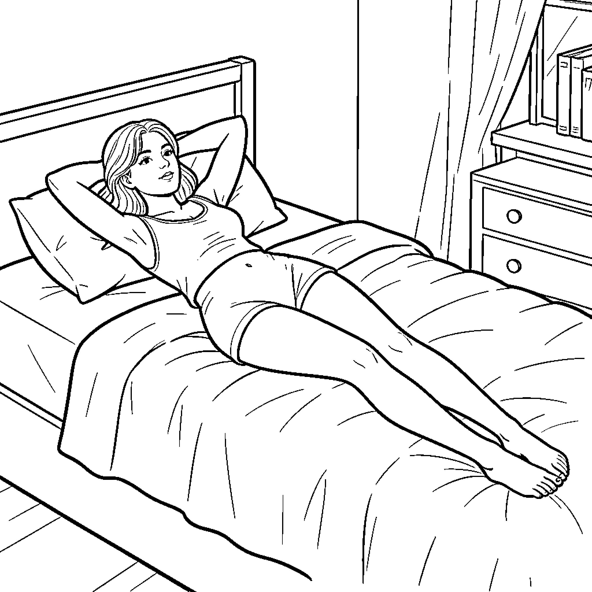 Female relaxing on a bed with hands behind head Coloring Page (free black-and-white line drawing printable PDF for all, from beginners to advanced learners, including children, teens, adults, and seniors)