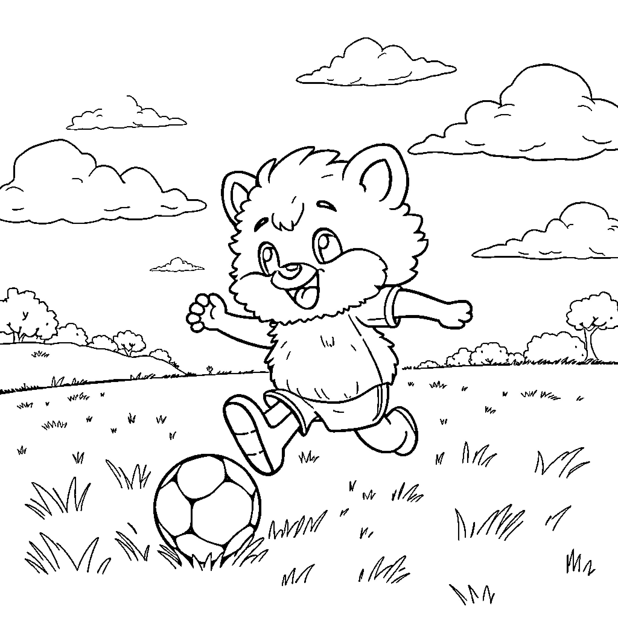 Labubu playing cheerfully with soccer ball in nature Coloring Page (free black-and-white line drawing printable PDF for all, from beginners to advanced learners, including children, teens, adults, and seniors)