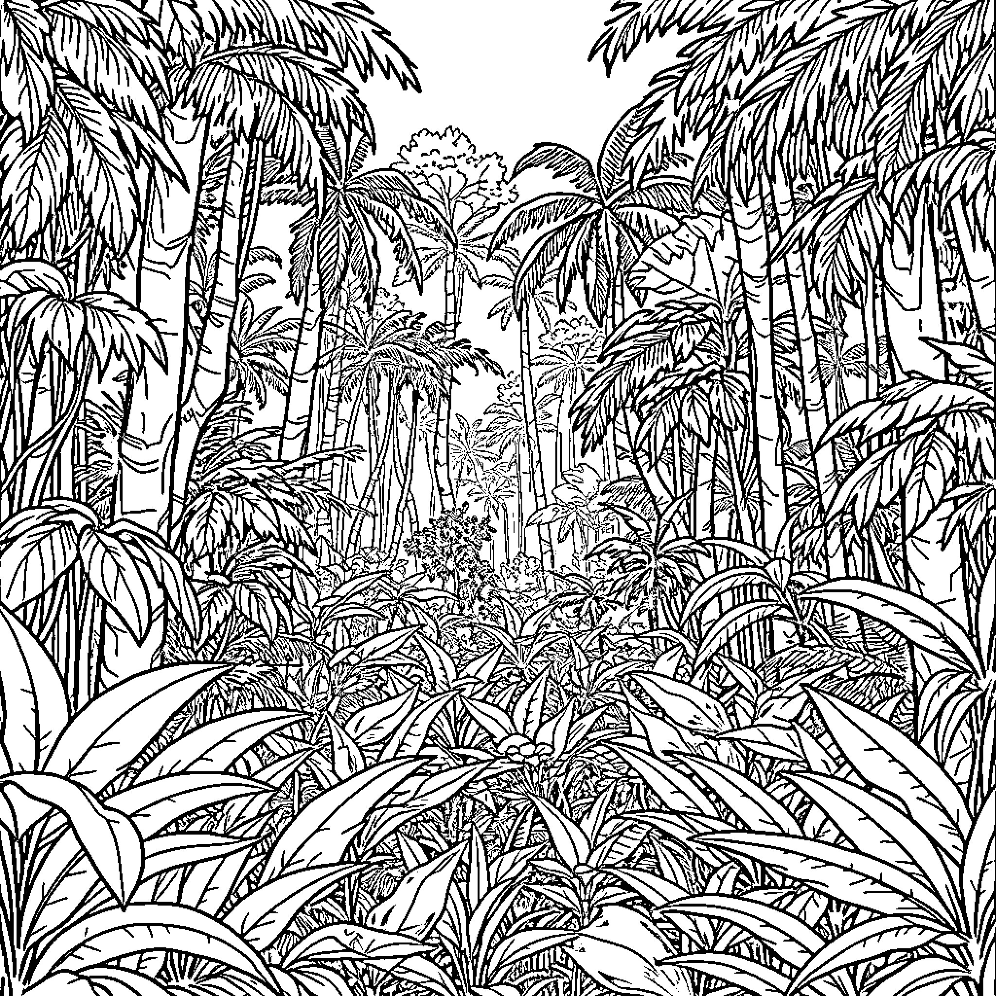 Jungle foliage and dense tropical vegetation Coloring Page (free black-and-white line drawing printable PDF for all, from beginners to advanced learners, including children, teens, adults, and seniors)