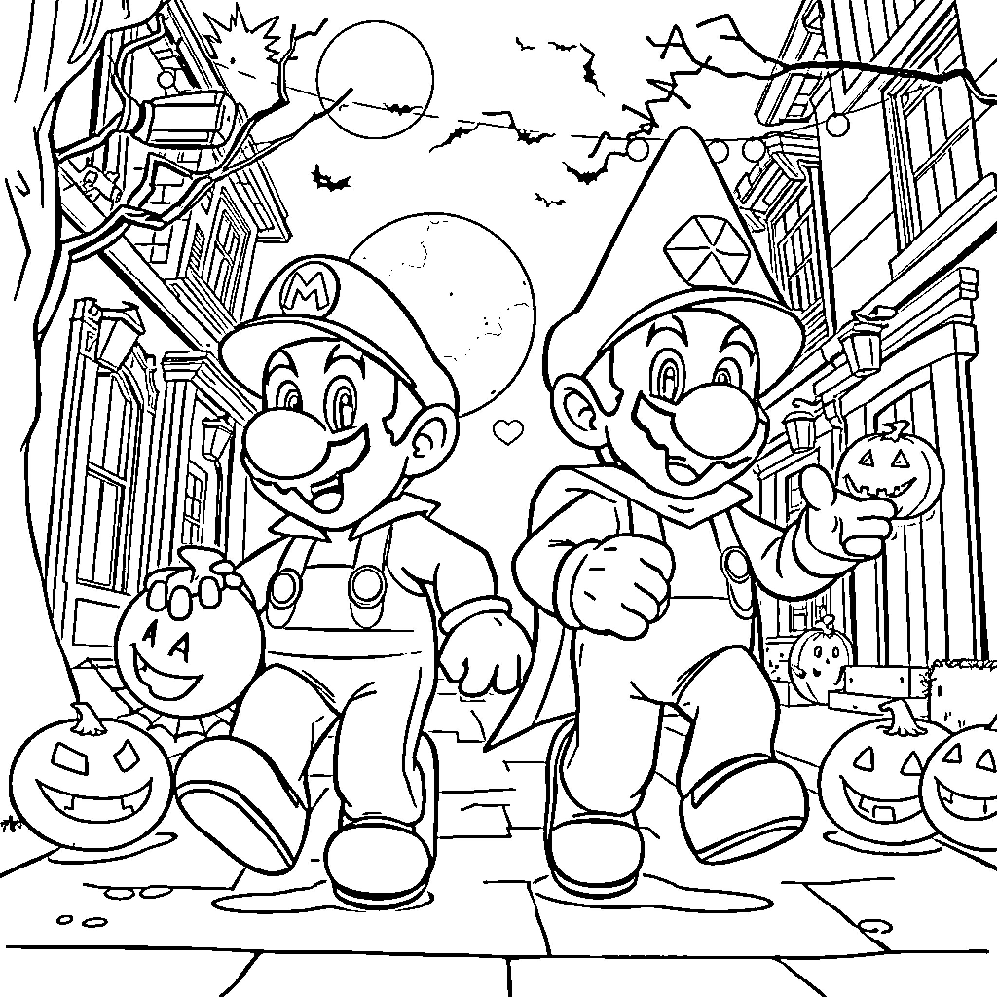 Mario and Luigi Celebrate Halloween Coloring Page (free black-and-white line drawing printable PDF for all, from beginners to advanced learners, including children, teens, adults, and seniors)