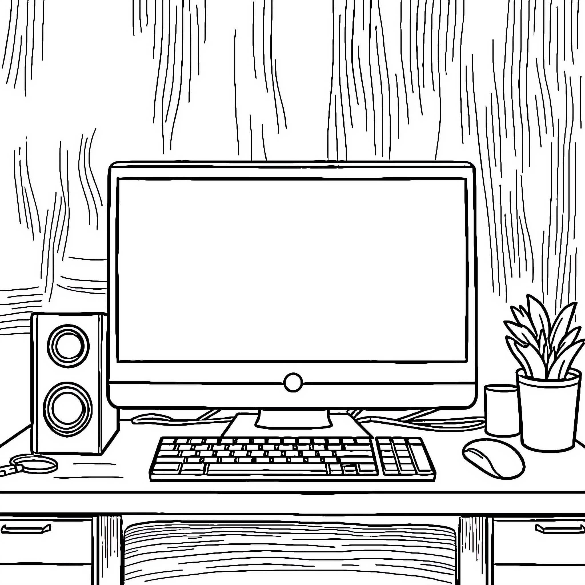Computer Workstation with Desktop and Accessories Coloring Page (free black-and-white line drawing printable PDF for all, from beginners to advanced learners, including children, teens, adults, and seniors)