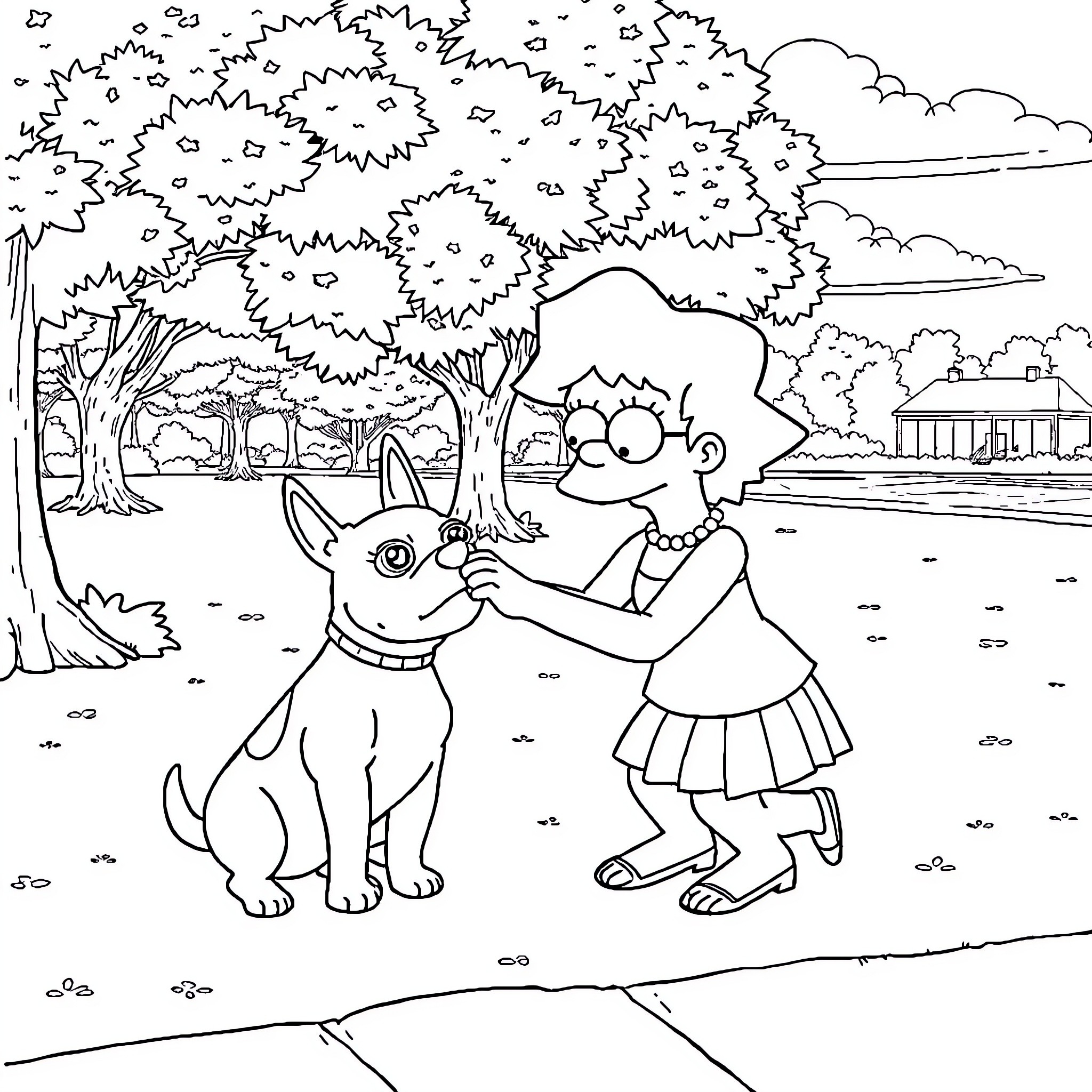 Lisa Simpson playing with a dog in the park Coloring Page (free black-and-white line drawing printable PDF for all, from beginners to advanced learners, including children, teens, adults, and seniors)