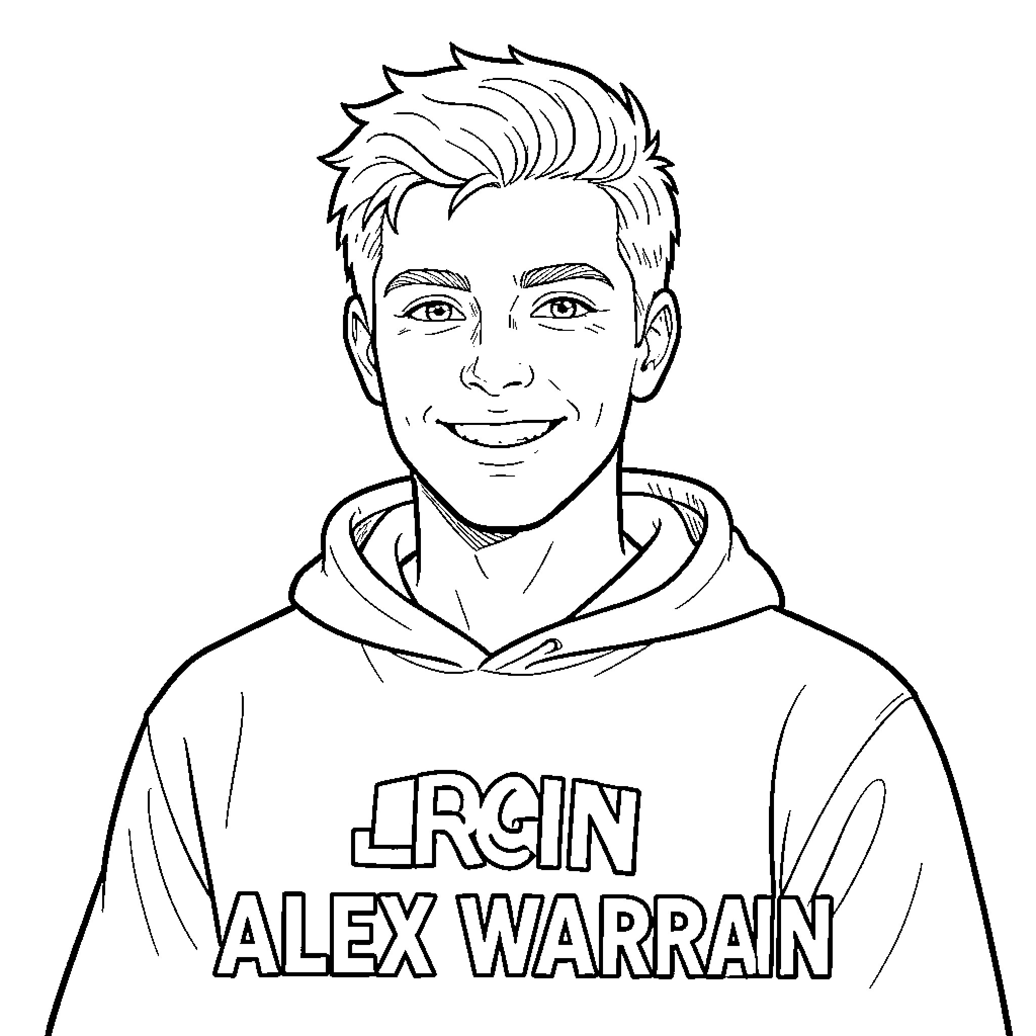 Alex Warren smiling while wearing a branded hoodie Coloring Page (free black-and-white line drawing printable PDF for all, from beginners to advanced learners, including children, teens, adults, and seniors)