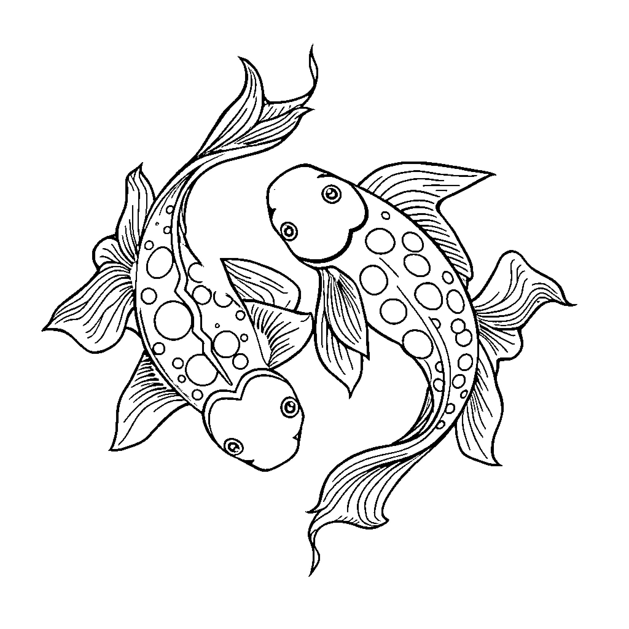 Koi Fish Swimming Gracefully Coloring Page (free black-and-white line drawing printable PDF for all, from beginners to advanced learners, including children, teens, adults, and seniors)