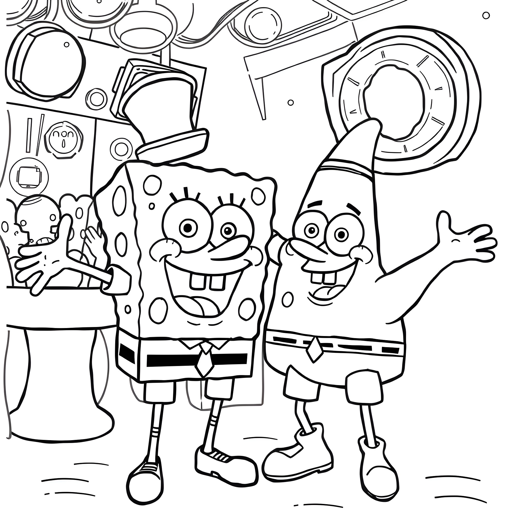 Spongebob and Patrick having fun in their underwater home Coloring Page (free black-and-white line drawing printable PDF for all, from beginners to advanced learners, including children, teens, adults, and seniors)