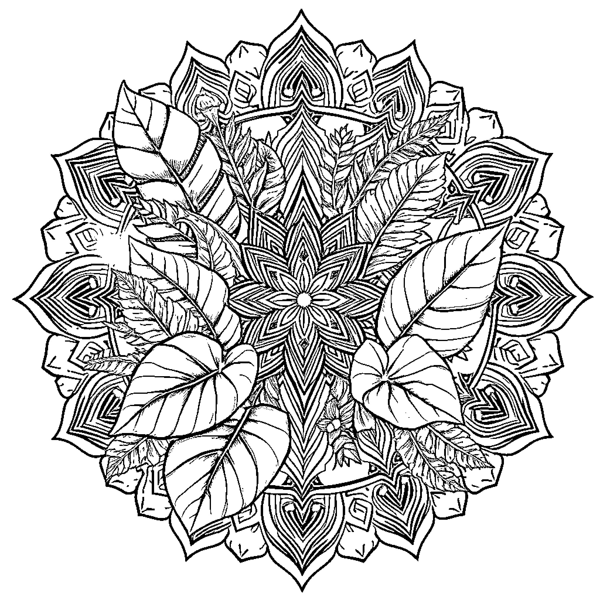 Plant-based mandala with intricate patterns and leaves Coloring Page (free black-and-white line drawing printable PDF for all, from beginners to advanced learners, including children, teens, adults, and seniors)
