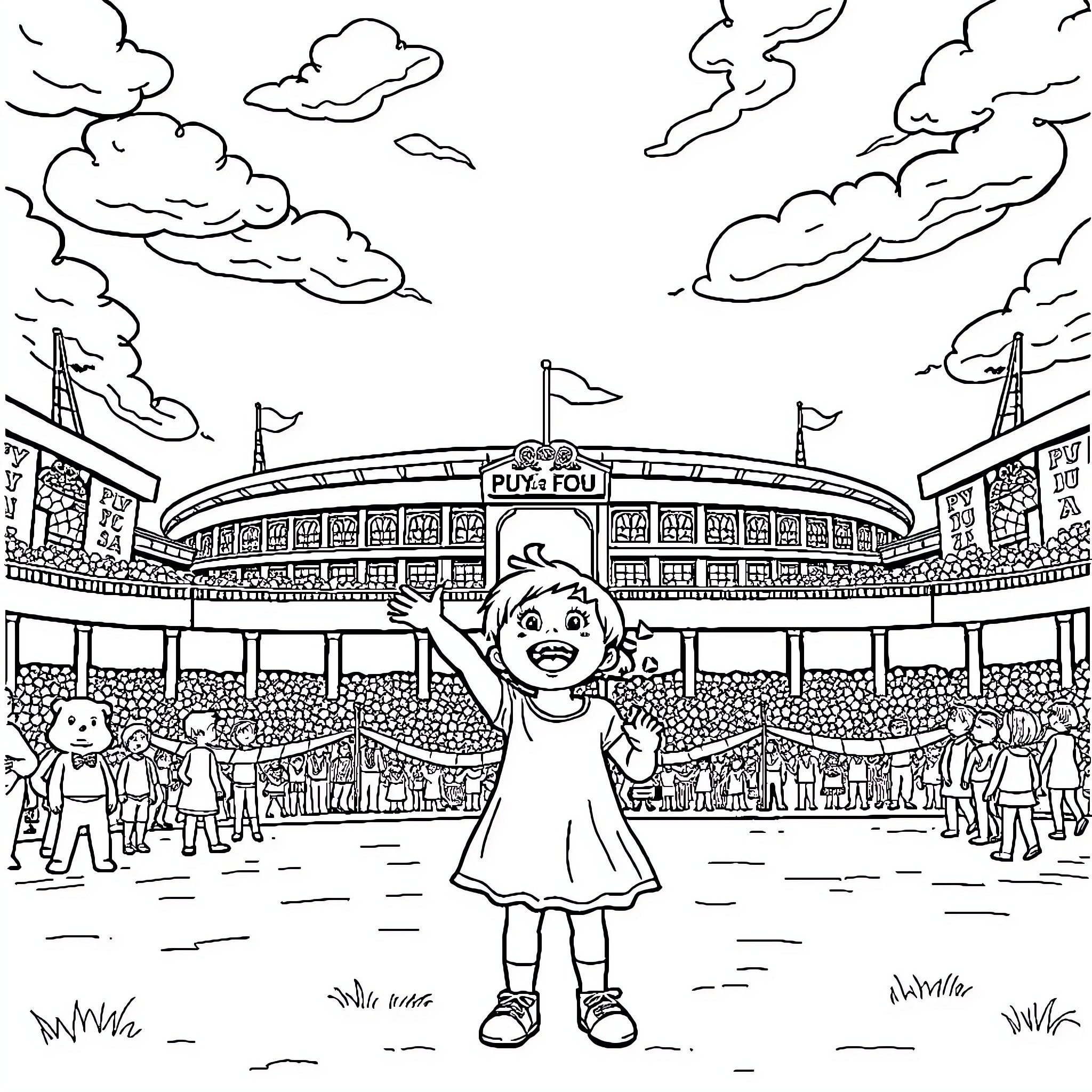 Fille Enjoying the Cheerful Atmosphere at the Baseball Stadium Coloring Page (free black-and-white line drawing printable PDF for all, from beginners to advanced learners, including children, teens, adults, and seniors)