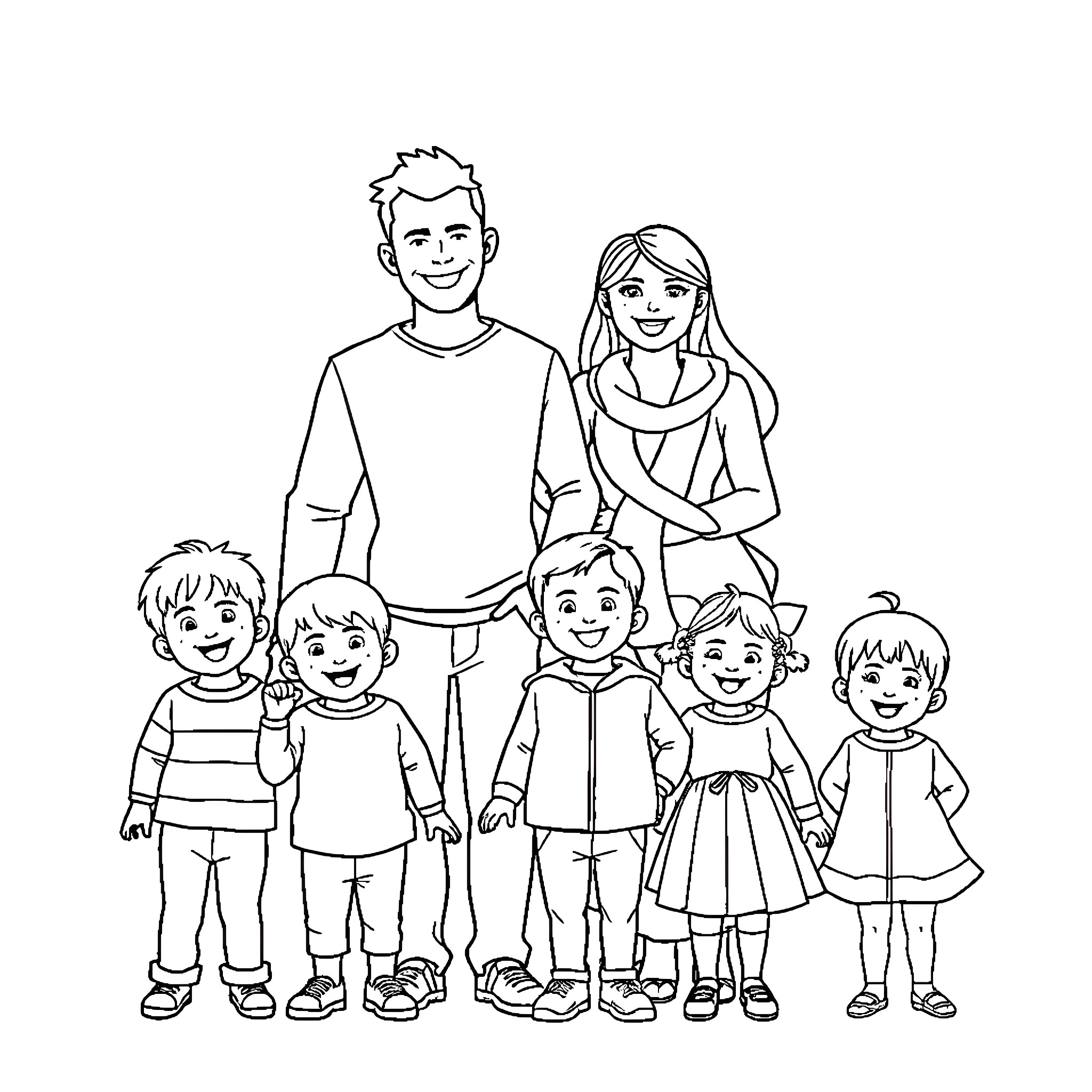 Family Enjoying Outdoor Adventure Together Coloring Page (free black-and-white line drawing printable PDF for all, from beginners to advanced learners, including children, teens, adults, and seniors)