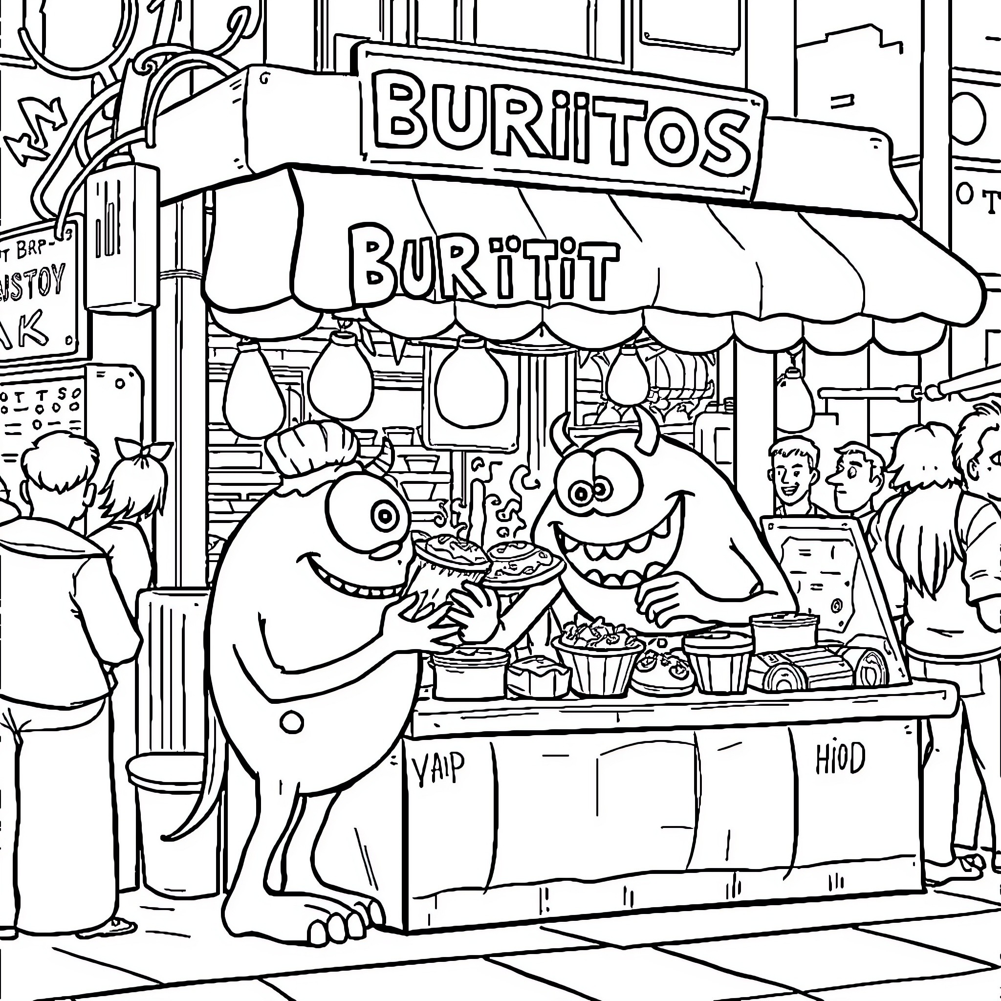 Monster Burrito Vendors Serving Cheerful Customers Coloring Page (free black-and-white line drawing printable PDF for all, from beginners to advanced learners, including children, teens, adults, and seniors)