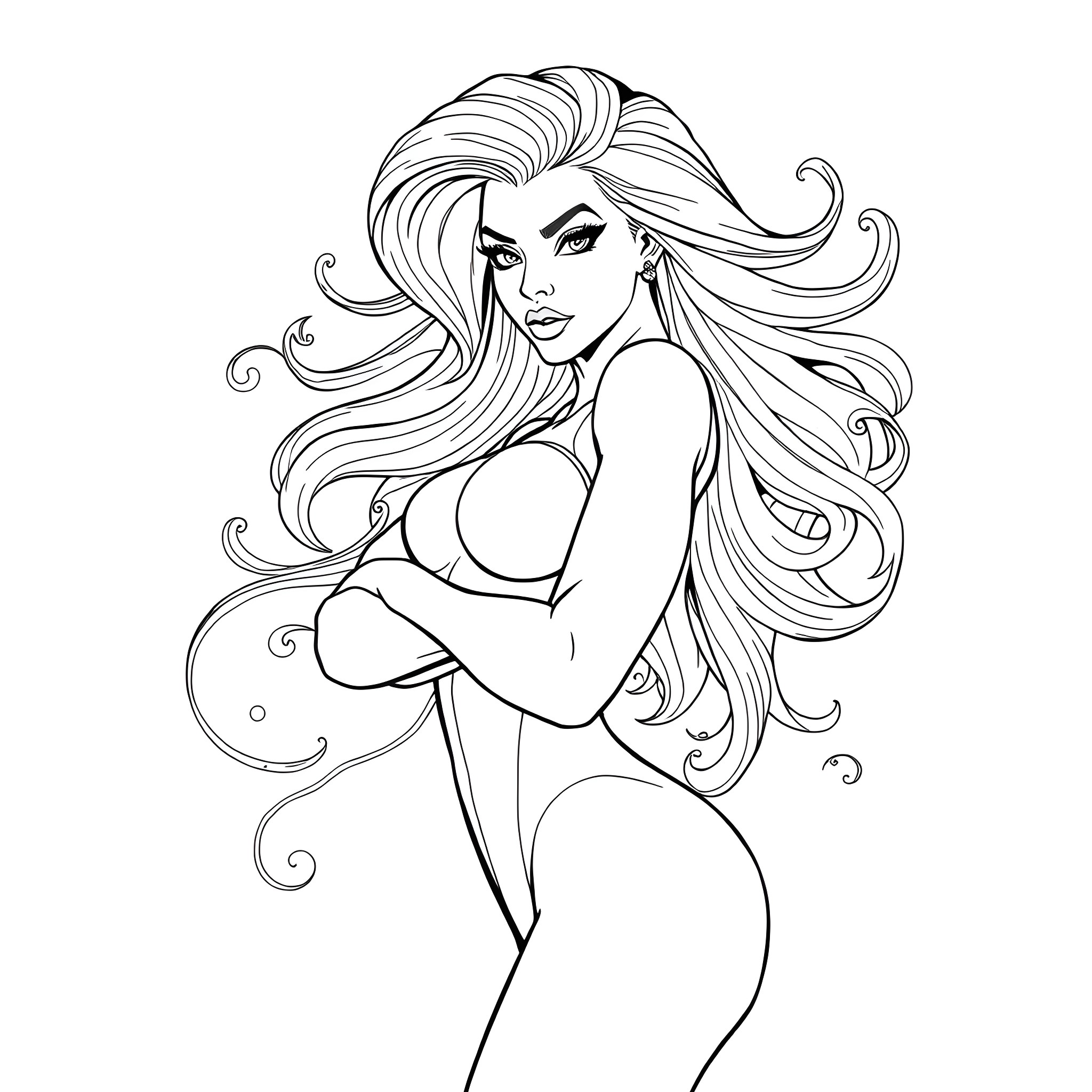 Boa Hancock striking a confident and alluring pose Coloring Page (free black-and-white line drawing printable PDF for all, from beginners to advanced learners, including children, teens, adults, and seniors)