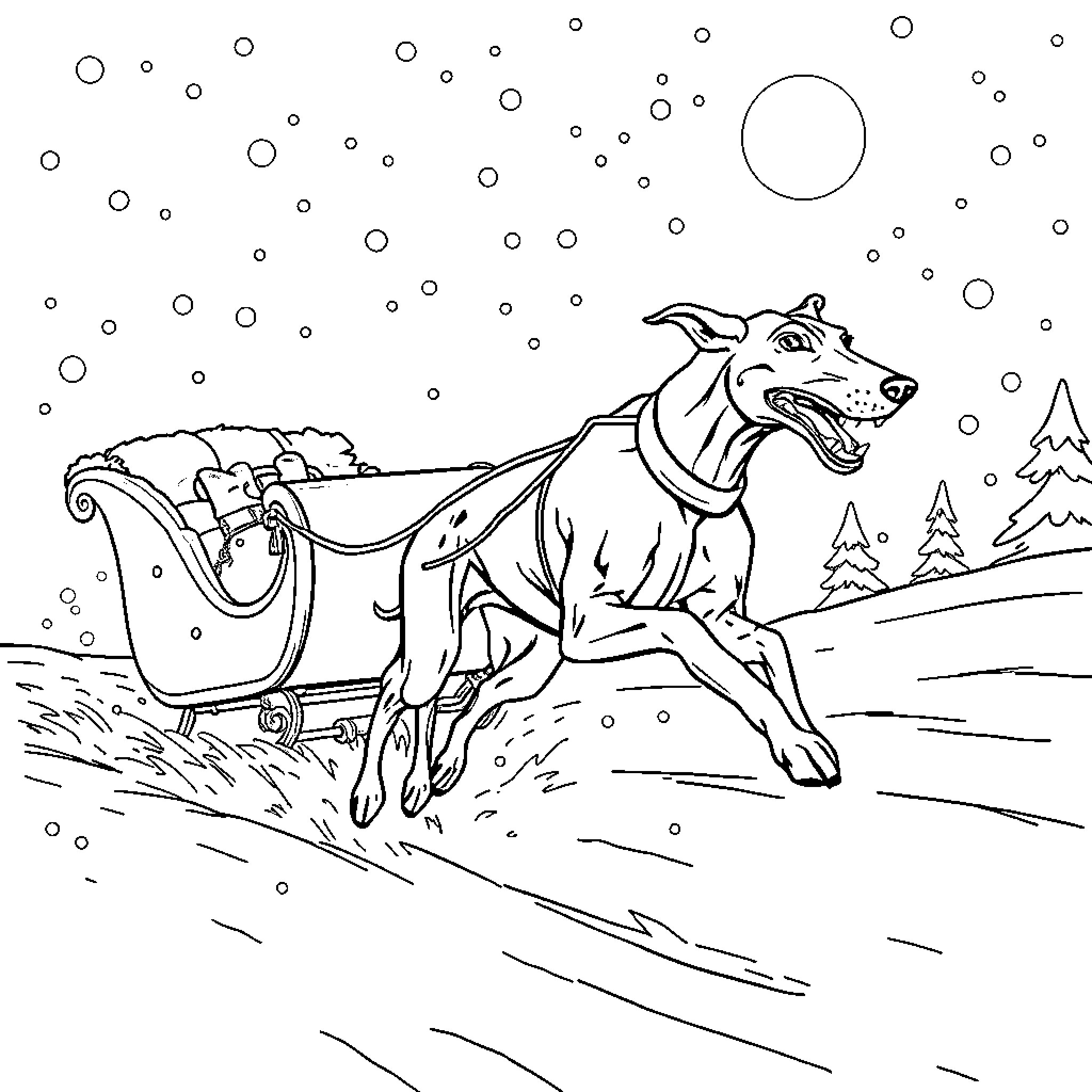 Greyhound running with sleigh in snowy landscape Coloring Page (free black-and-white line drawing printable PDF for all, from beginners to advanced learners, including children, teens, adults, and seniors)
