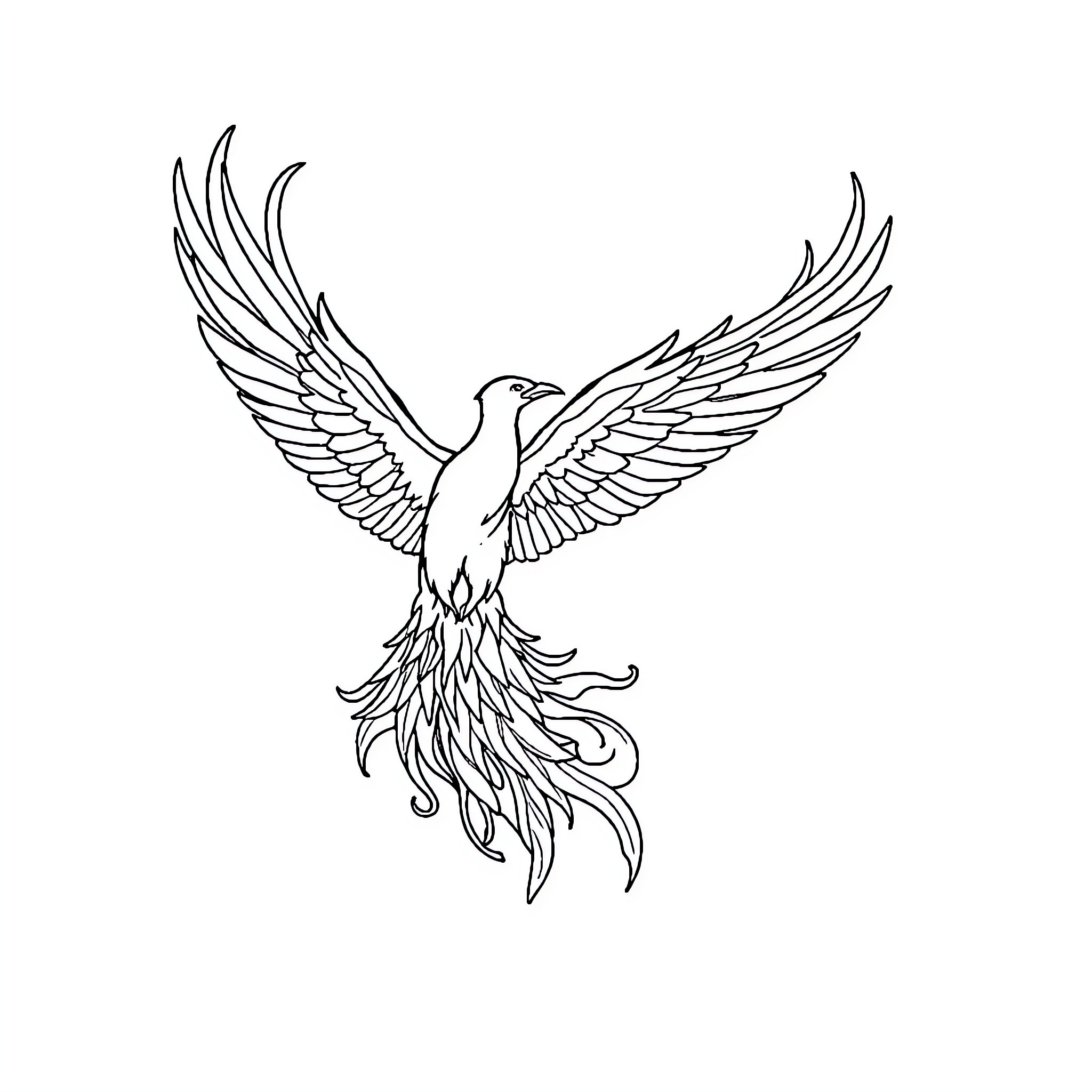 Phoenix rising with outstretched wings Coloring Page (free black-and-white line drawing printable PDF for all, from beginners to advanced learners, including children, teens, adults, and seniors)