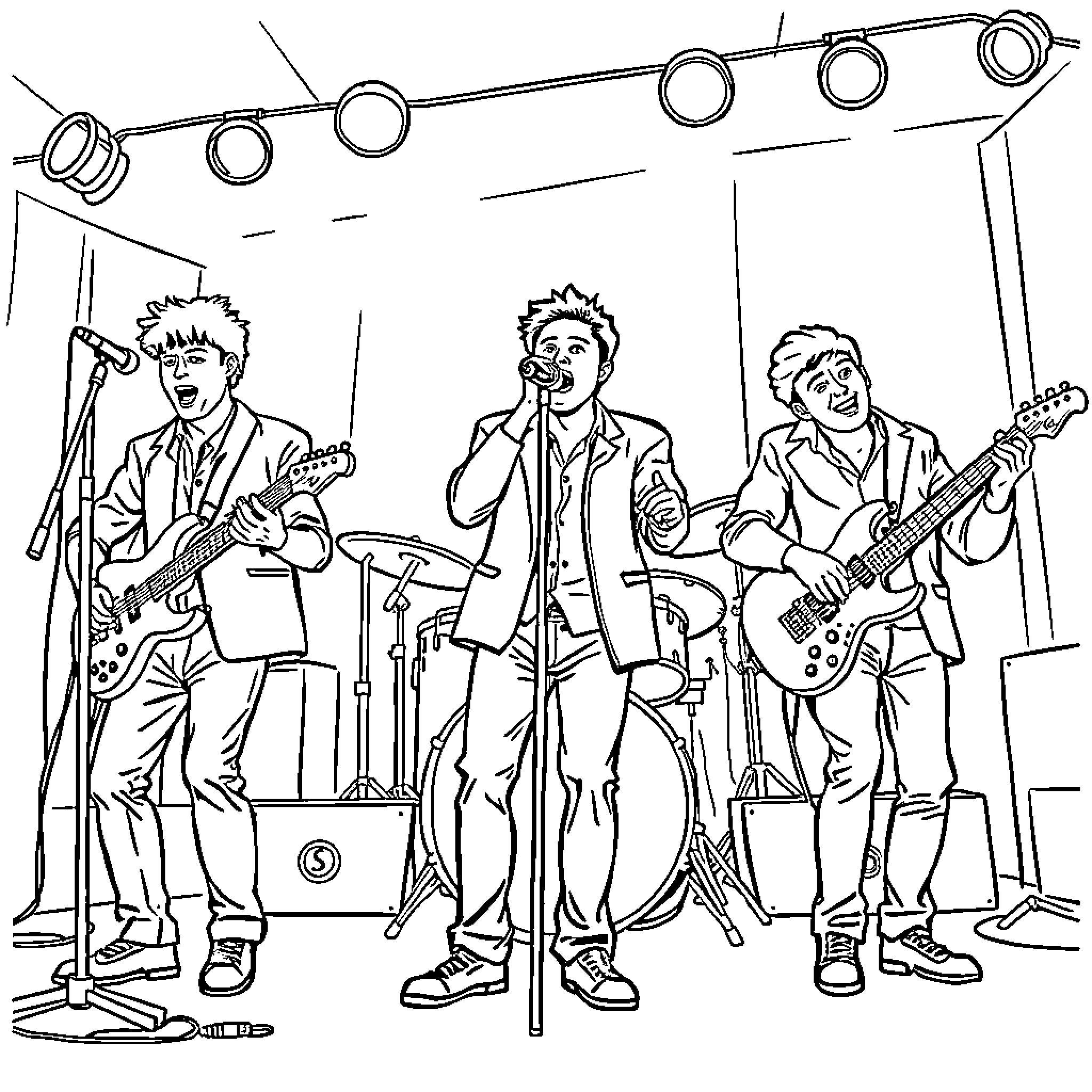 Saja Band Performing on Stage with Instruments Coloring Page (free black-and-white line drawing printable PDF for all, from beginners to advanced learners, including children, teens, adults, and seniors)