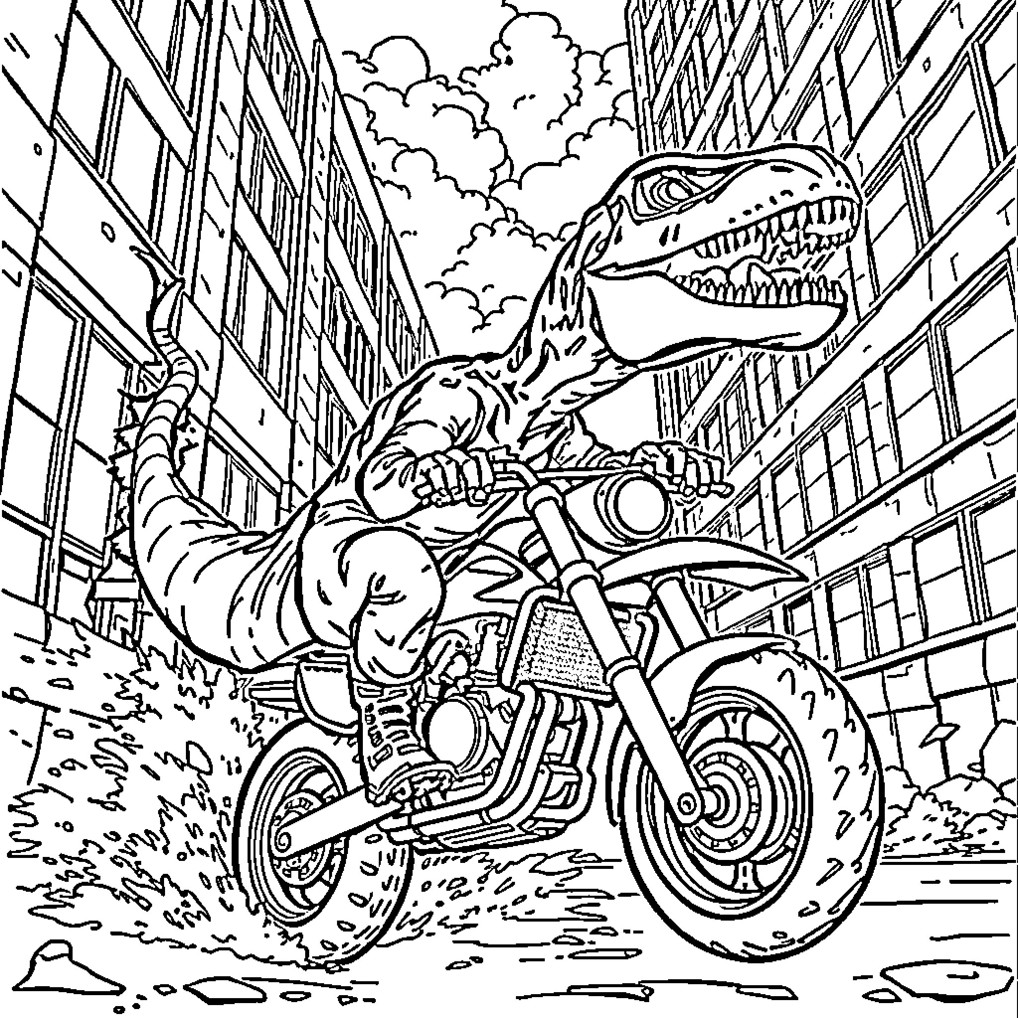 Dinosaur riding a motorcycle through the city Coloring Page (free black-and-white line drawing printable PDF for all, from beginners to advanced learners, including children, teens, adults, and seniors)