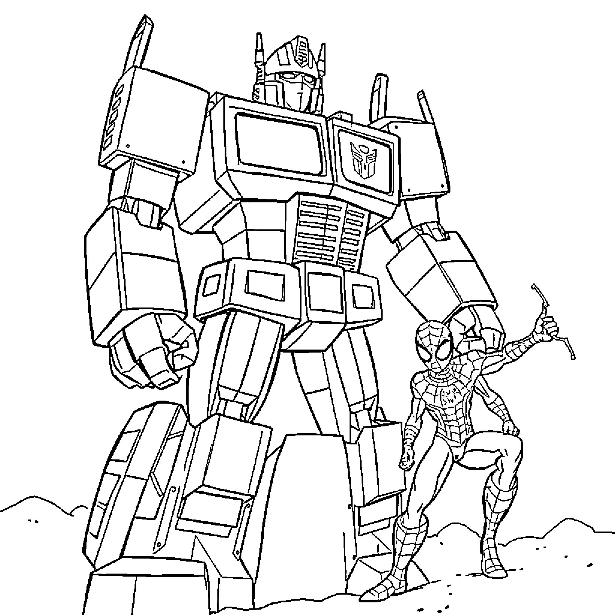 Optimus Prime and Spiderman in Epic Standoff Coloring Page (free black-and-white line drawing printable PDF for all, from beginners to advanced learners, including children, teens, adults, and seniors)