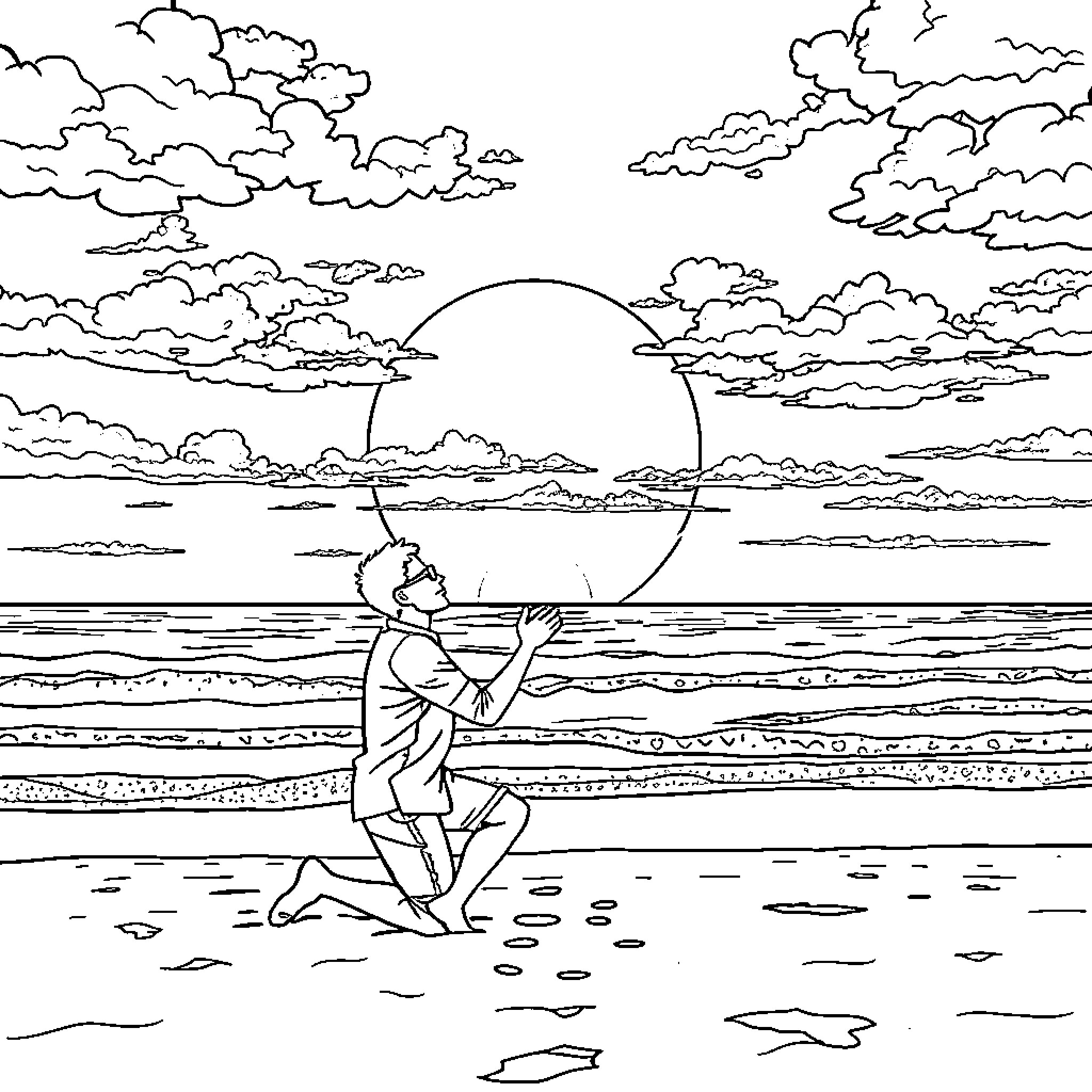 Guy appreciating the beauty of nature at sunset Coloring Page (free black-and-white line drawing printable PDF for all, from beginners to advanced learners, including children, teens, adults, and seniors)