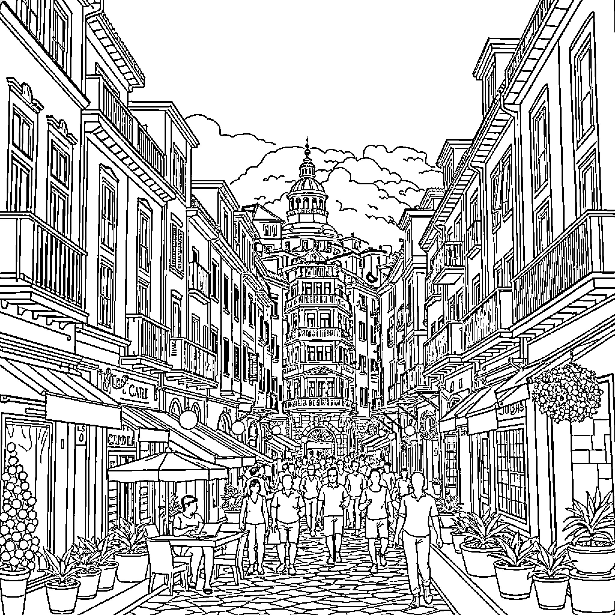 Intestine strolling through a bustling urban landscape Coloring Page (free black-and-white line drawing printable PDF for all, from beginners to advanced learners, including children, teens, adults, and seniors)