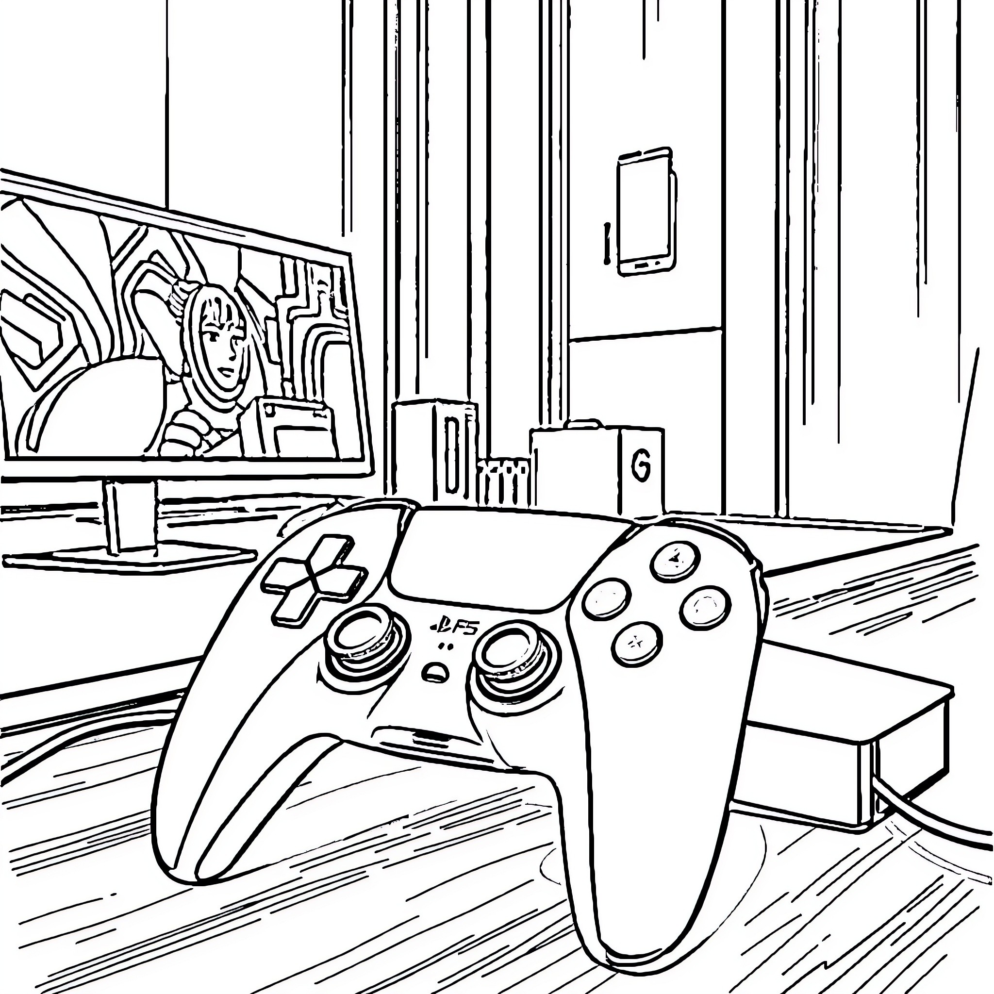 Manette gaming console and controller in a modern room Coloring Page (free black-and-white line drawing printable PDF for all, from beginners to advanced learners, including children, teens, adults, and seniors)