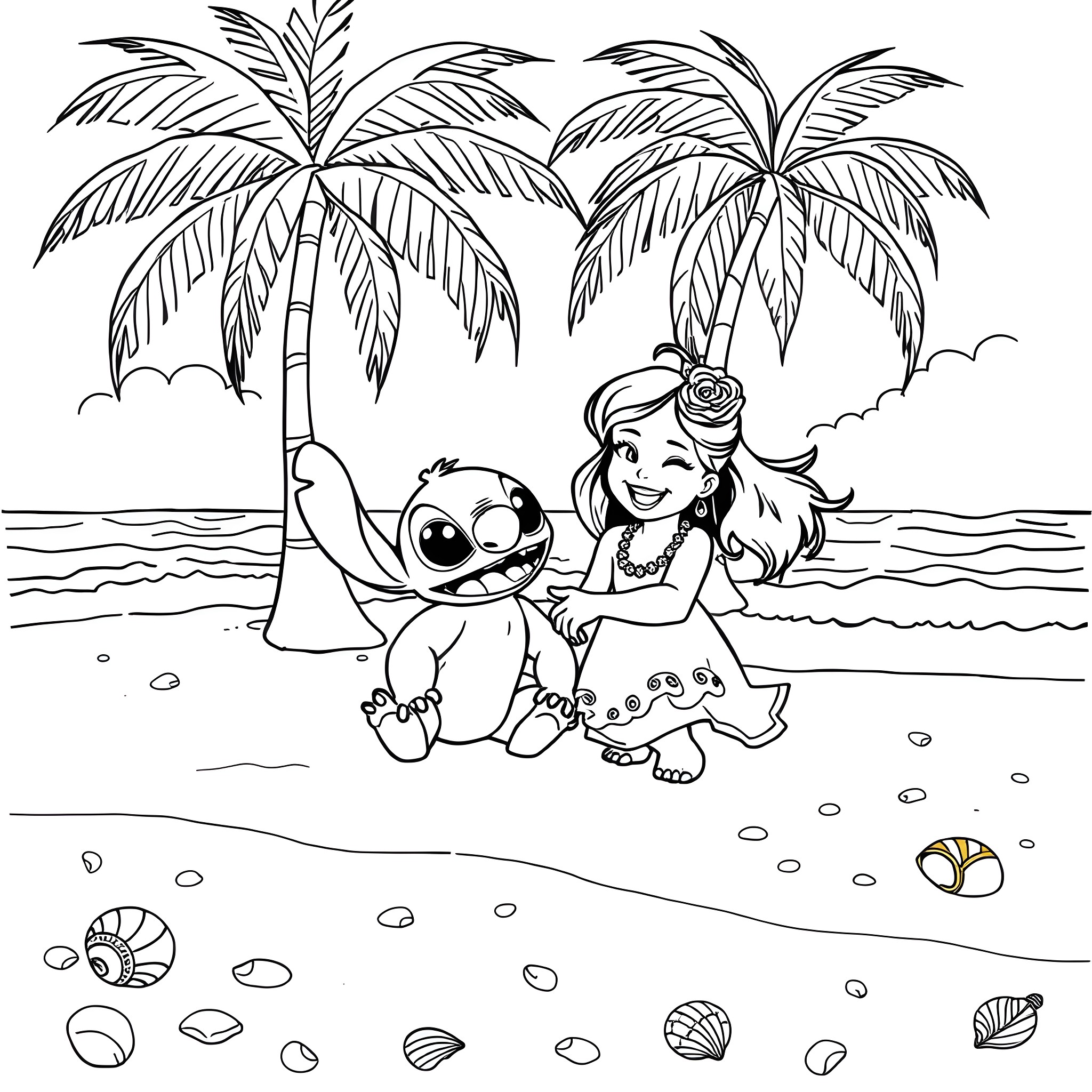 Lilo playing joyfully with Stitch on the beach Coloring Page (free black-and-white line drawing printable PDF for all, from beginners to advanced learners, including children, teens, adults, and seniors)
