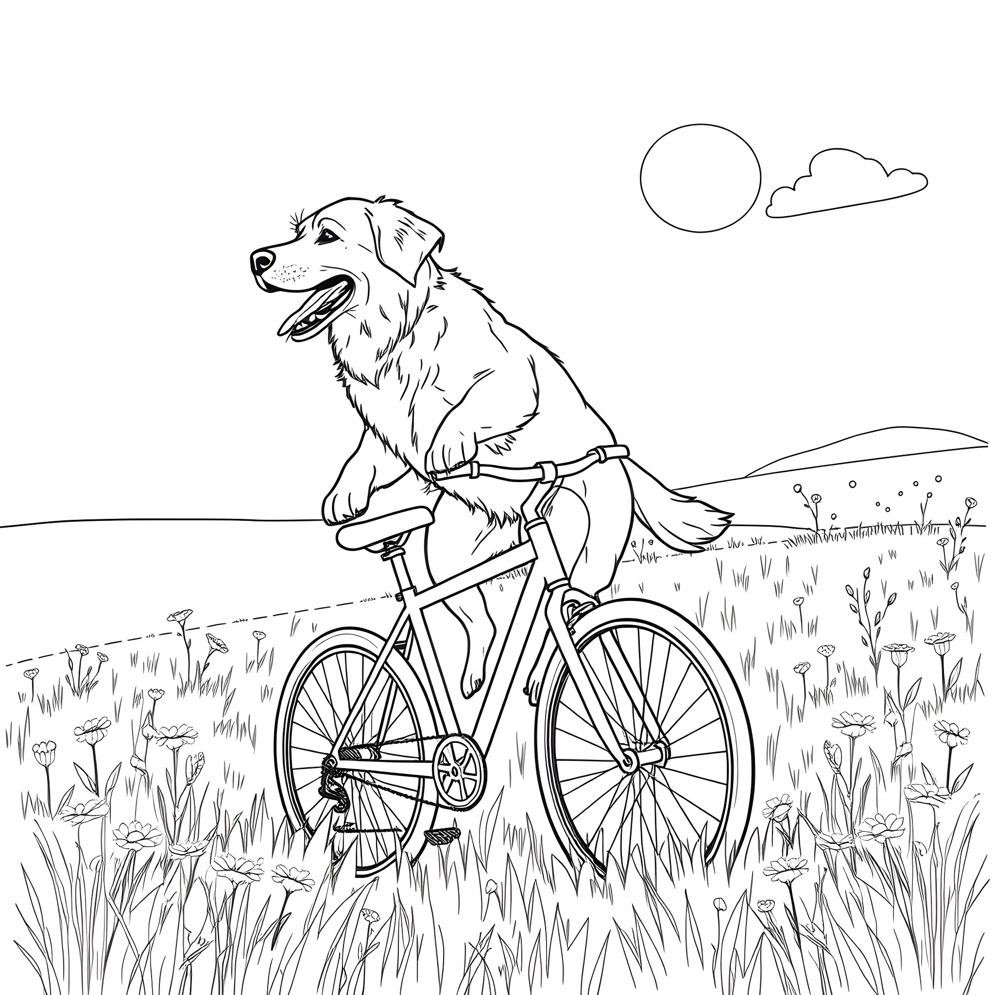 Golden Retriever riding a bicycle in a meadow Coloring Page (free black-and-white line drawing printable PDF for all, from beginners to advanced learners, including children, teens, adults, and seniors)