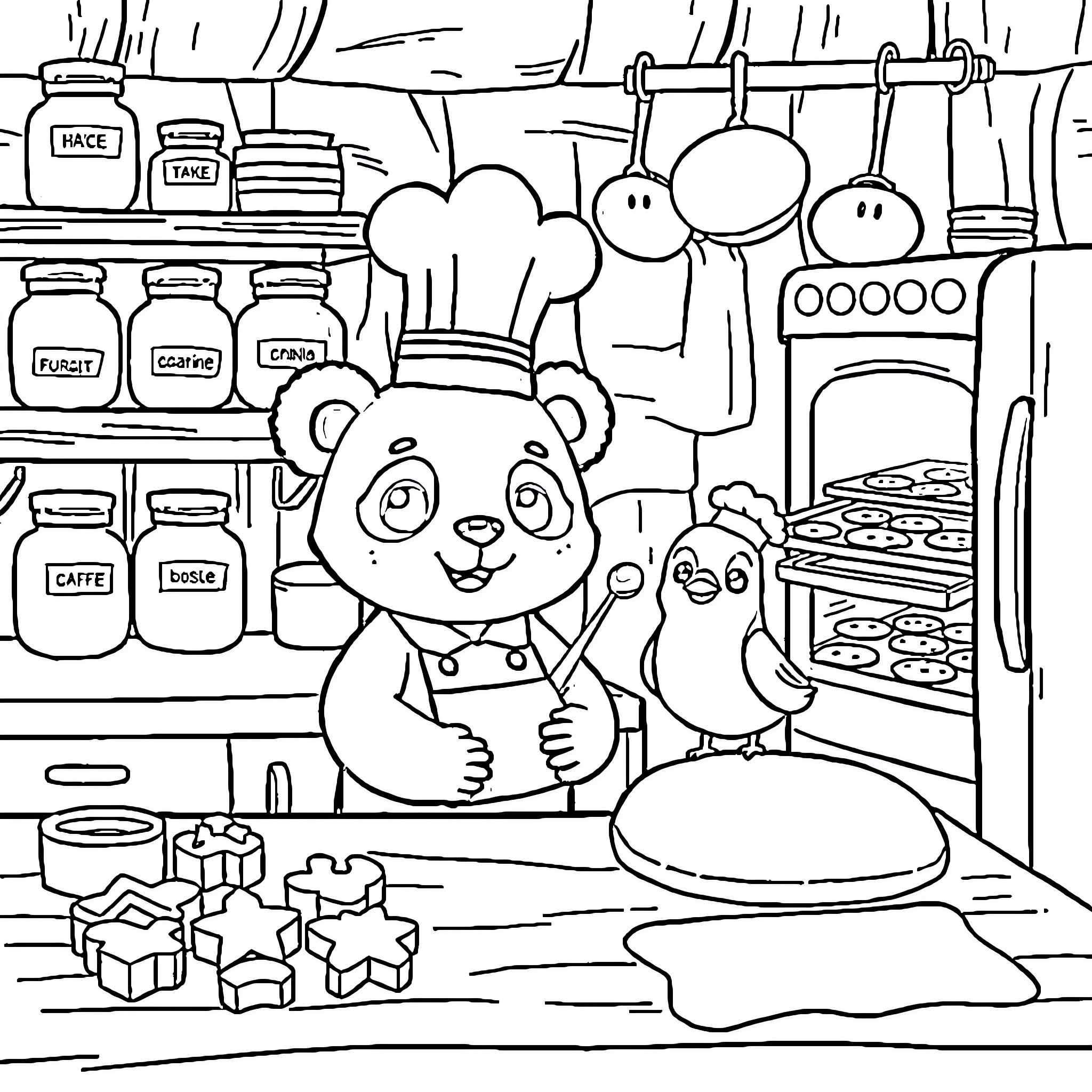 Panda chef cooking with bird assistant in kitchen Coloring Page (free black-and-white line drawing printable PDF for all, from beginners to advanced learners, including children, teens, adults, and seniors)