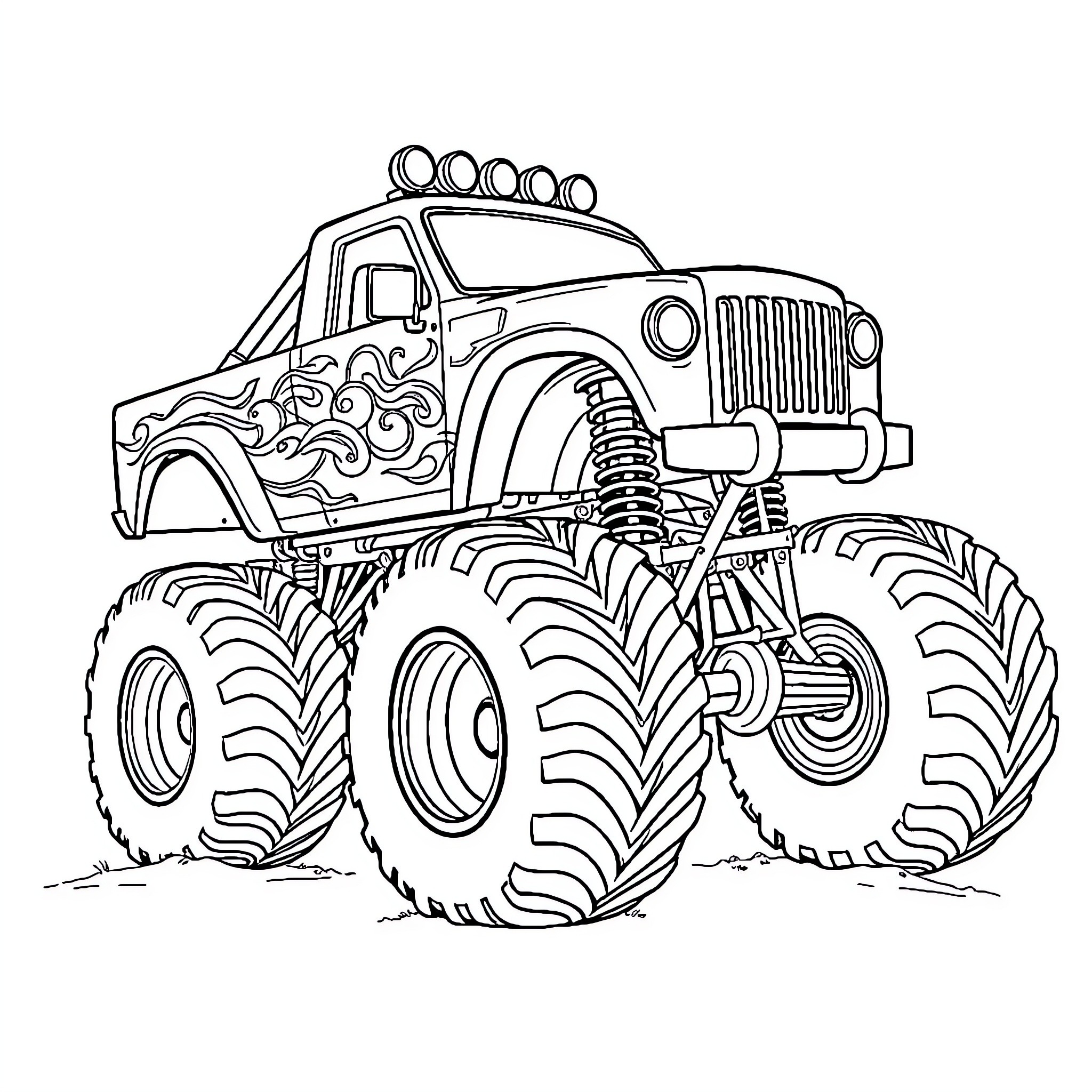 Monster Truck Crushing Obstacles with Excitement Coloring Page (free black-and-white line drawing printable PDF for all, from beginners to advanced learners, including children, teens, adults, and seniors)