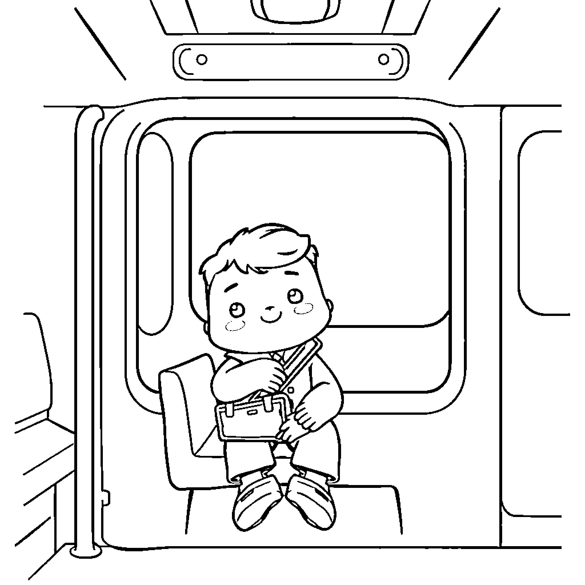 Luca reading a book on the bus Coloring Page (free black-and-white line drawing printable PDF for all, from beginners to advanced learners, including children, teens, adults, and seniors)