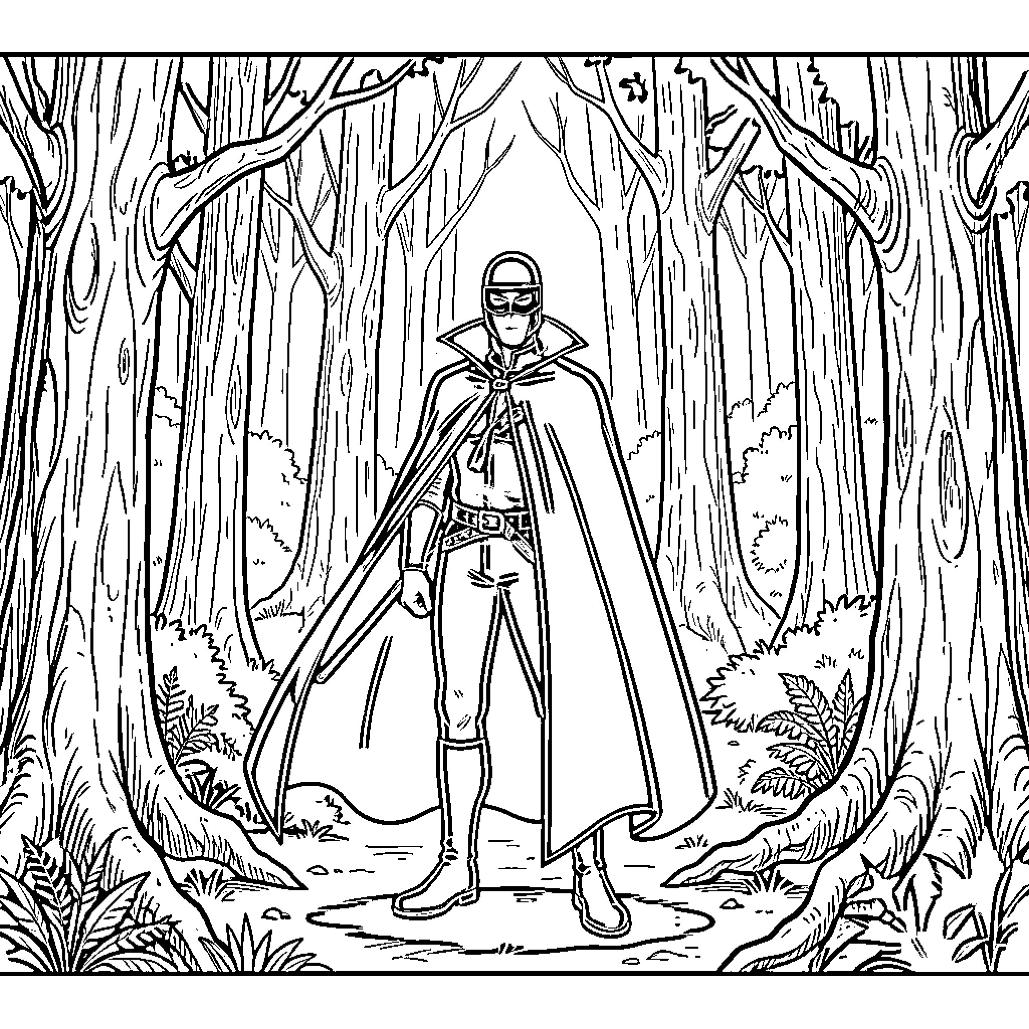 Zorro walks mysteriously through the dark forest Coloring Page (free black-and-white line drawing printable PDF for all, from beginners to advanced learners, including children, teens, adults, and seniors)