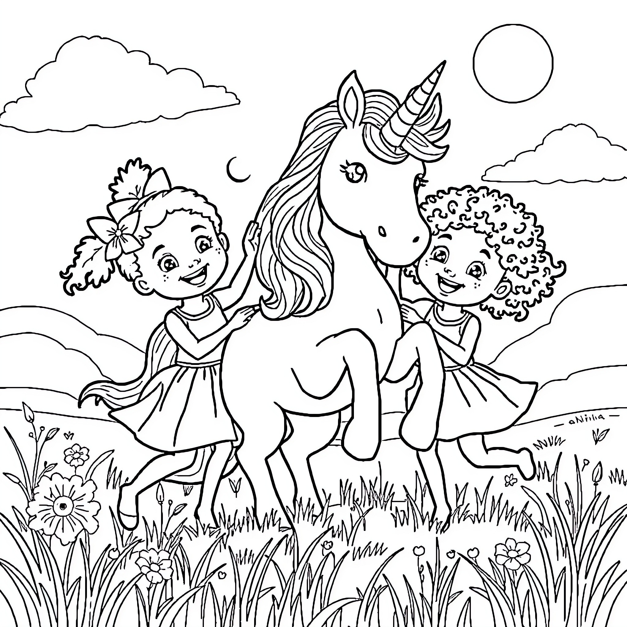 Unicorn and Girls Enjoying Peaceful Outdoor Scene Coloring Page (free black-and-white line drawing printable PDF for all, from beginners to advanced learners, including children, teens, adults, and seniors)
