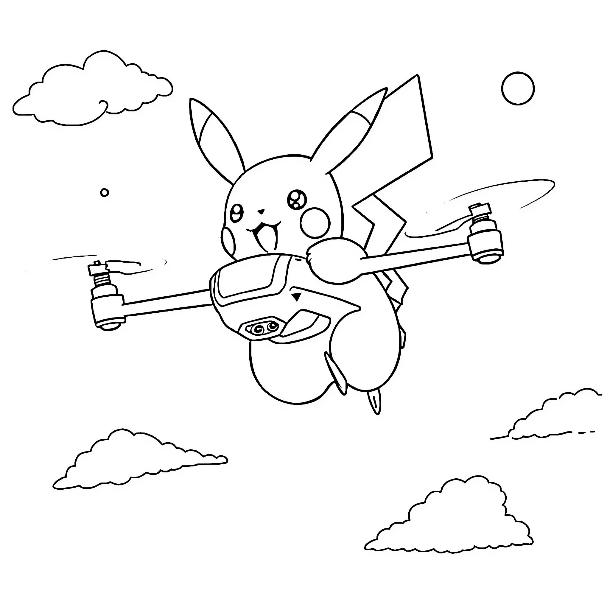 Pikachu flying with jetpack in the sky Coloring Page (free black-and-white line drawing printable PDF for all, from beginners to advanced learners, including children, teens, adults, and seniors)