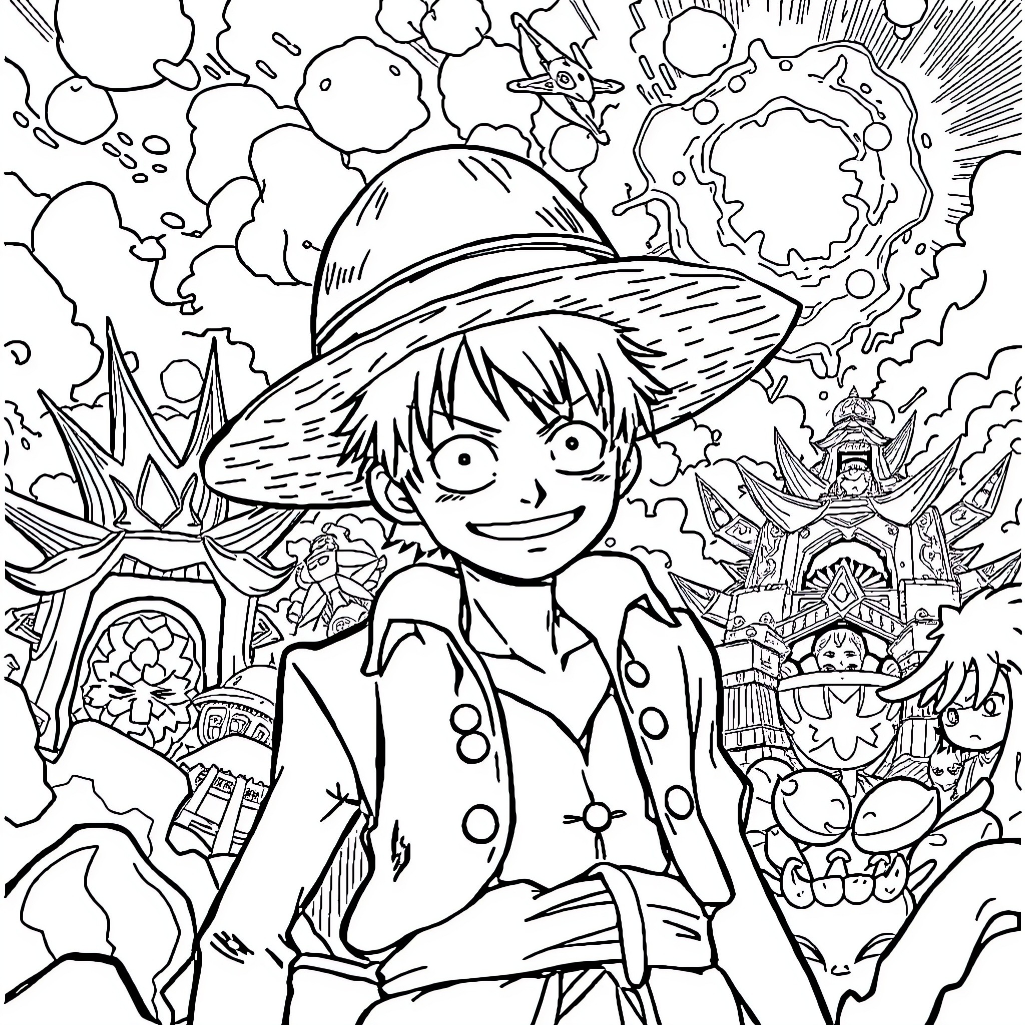 Luffy's Vibrant Adventure in a Fantastical World Coloring Page (free black-and-white line drawing printable PDF for all, from beginners to advanced learners, including children, teens, adults, and seniors)