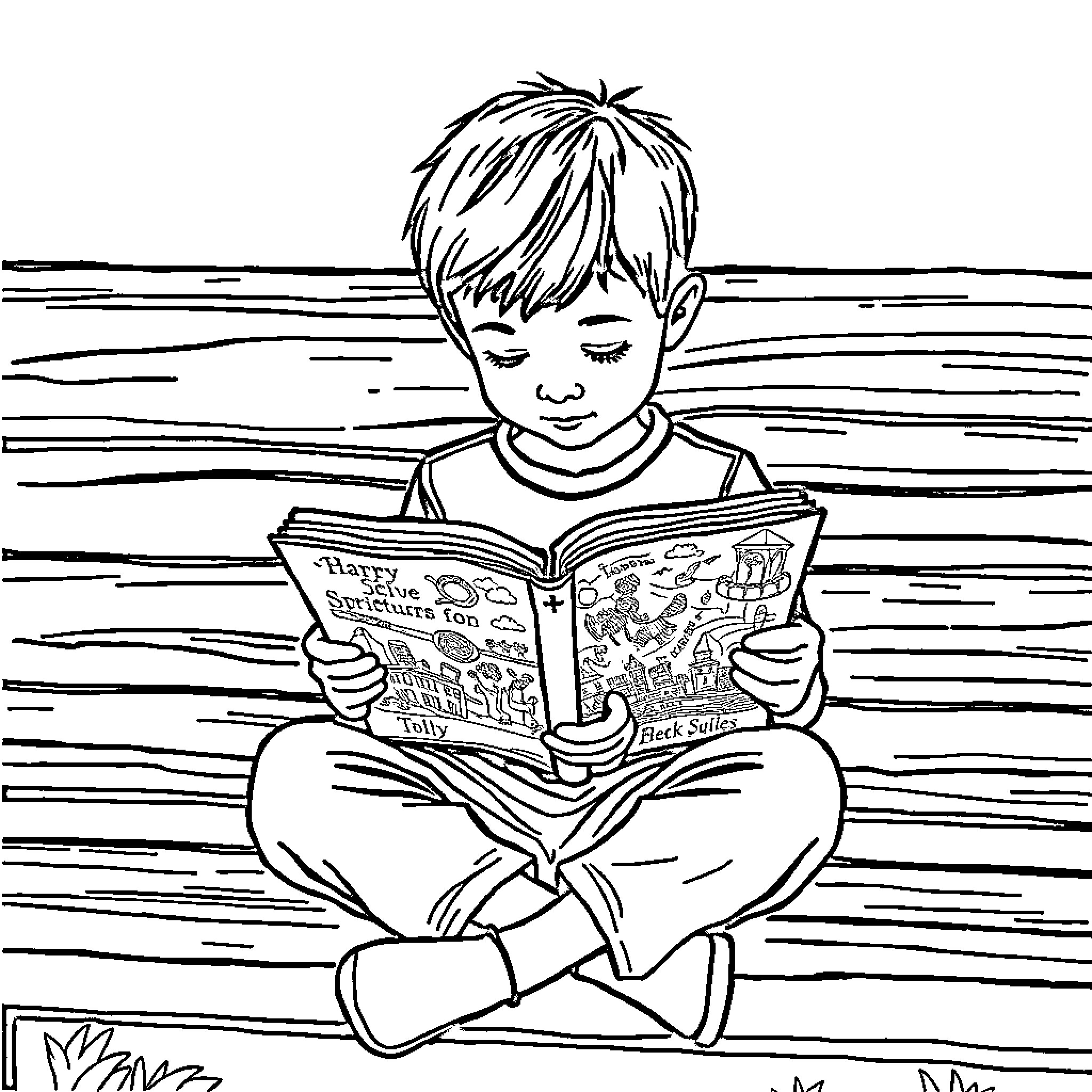 Boy Intently Reading a Book on the Beach Coloring Page (free black-and-white line drawing printable PDF for all, from beginners to advanced learners, including children, teens, adults, and seniors)