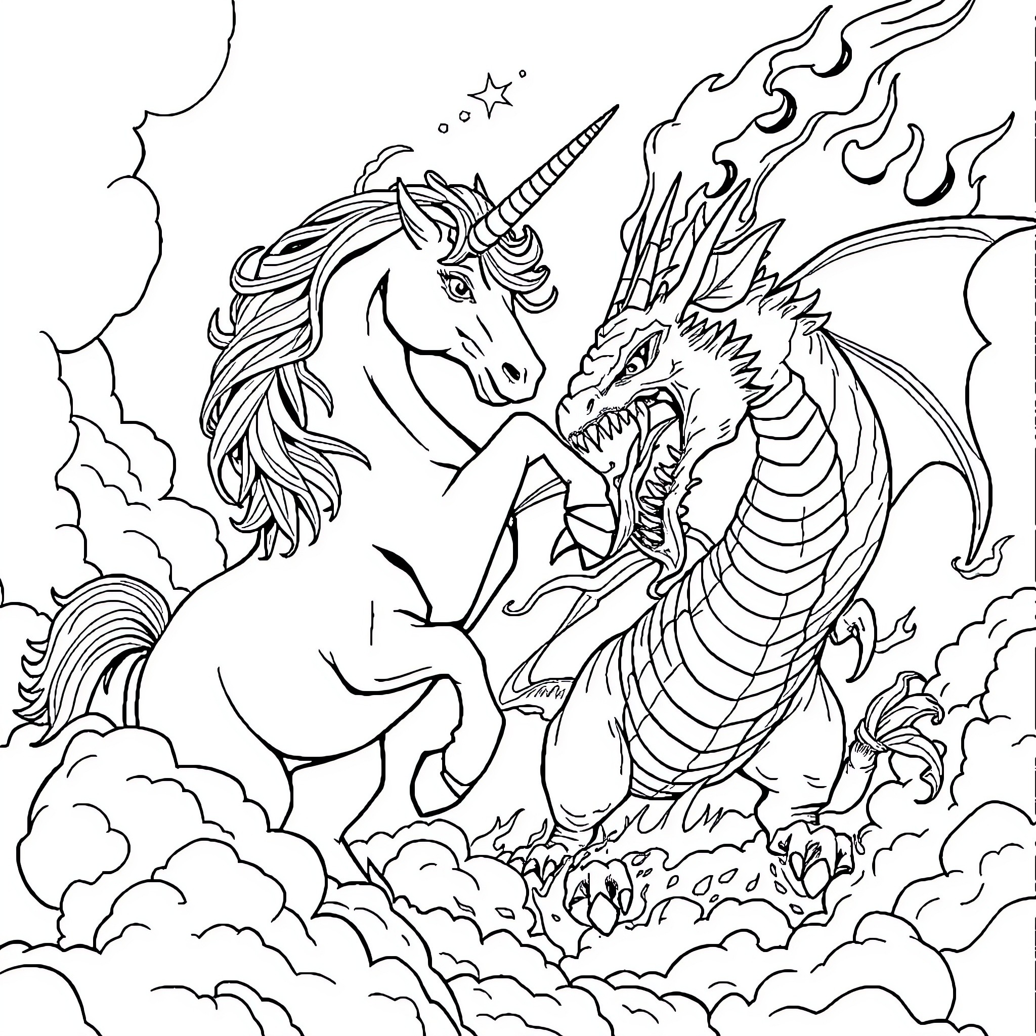 Unicorn battling a fierce dragon in the sky Coloring Page (free black-and-white line drawing printable PDF for all, from beginners to advanced learners, including children, teens, adults, and seniors)