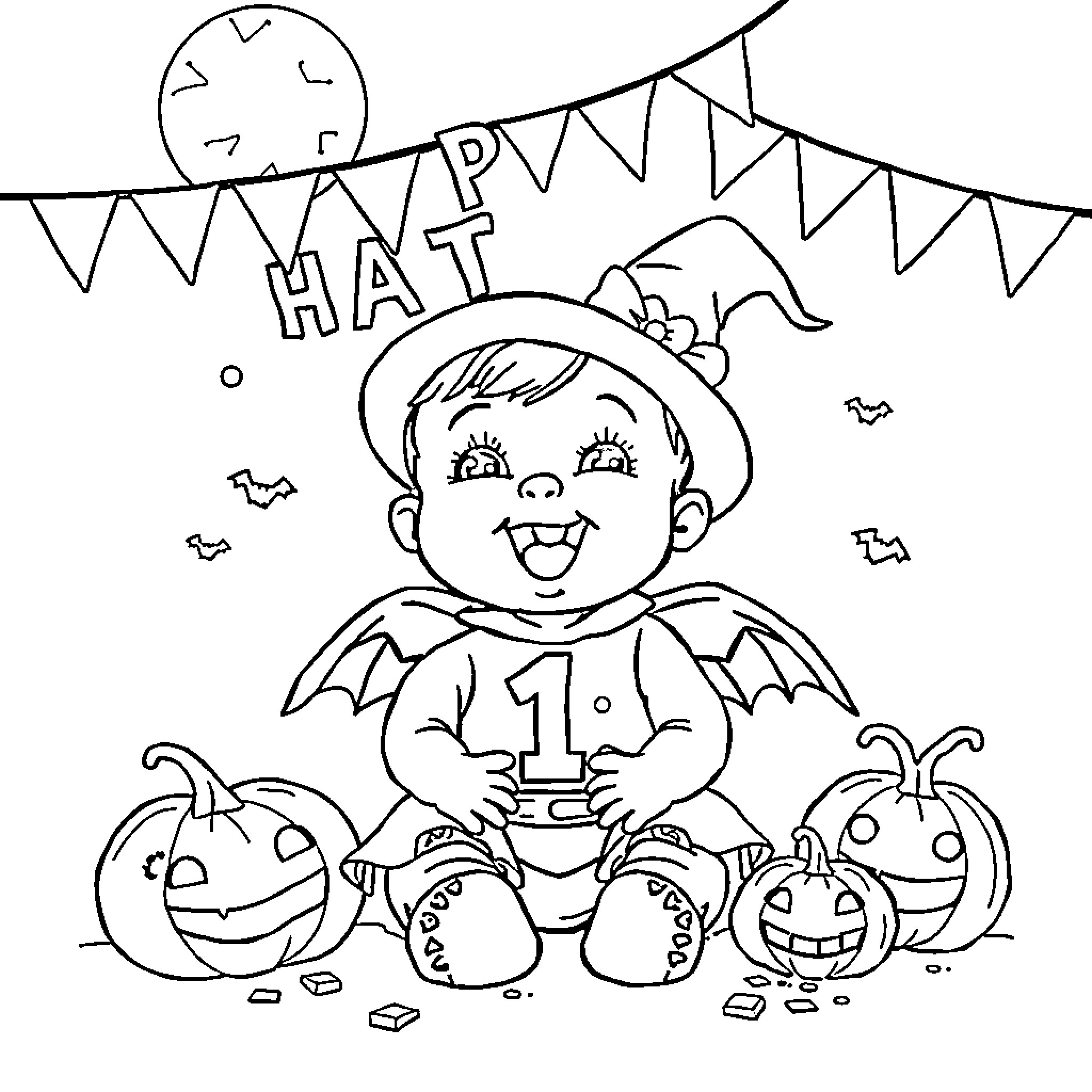 Halloween Happy Baby Celebrating with Pumpkins Coloring Page (free black-and-white line drawing printable PDF for all, from beginners to advanced learners, including children, teens, adults, and seniors)