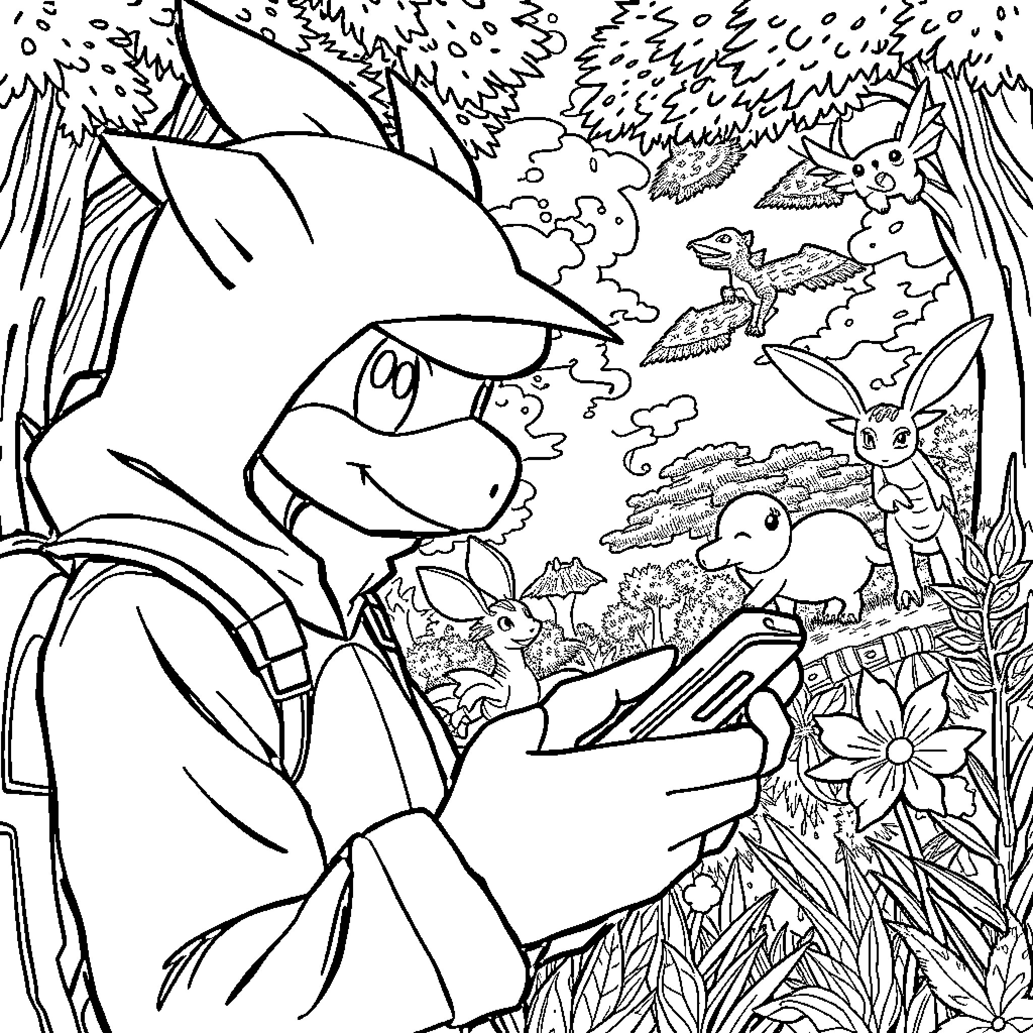 HUNTR/X Woodland Creatures in Whimsical Adventure Coloring Page (free black-and-white line drawing printable PDF for all, from beginners to advanced learners, including children, teens, adults, and seniors)