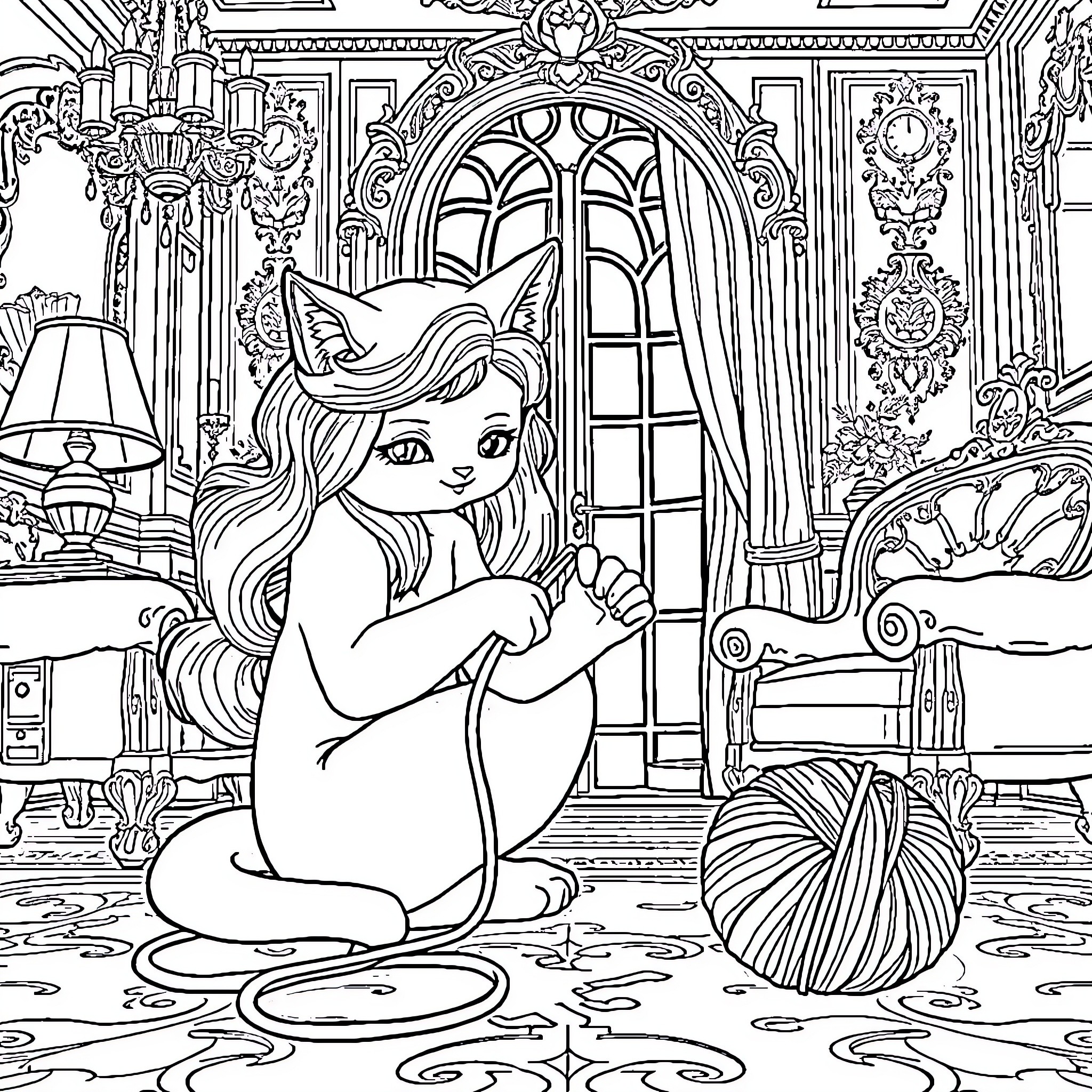 Catgirl enjoying cozy surroundings in luxurious interior Coloring Page (free black-and-white line drawing printable PDF for all, from beginners to advanced learners, including children, teens, adults, and seniors)
