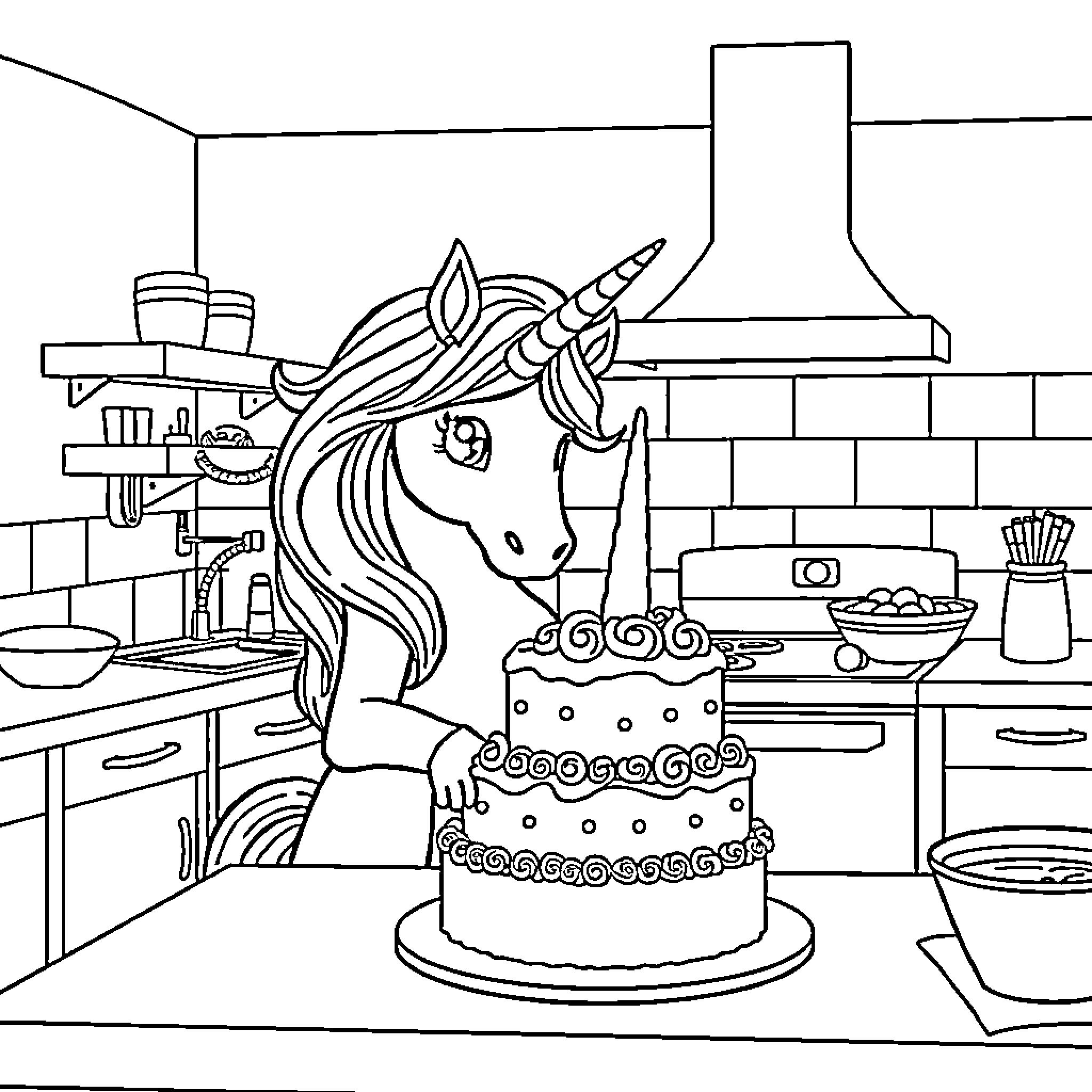 Unicorn baking a celebratory cake in the kitchen Coloring Page (free black-and-white line drawing printable PDF for all, from beginners to advanced learners, including children, teens, adults, and seniors)