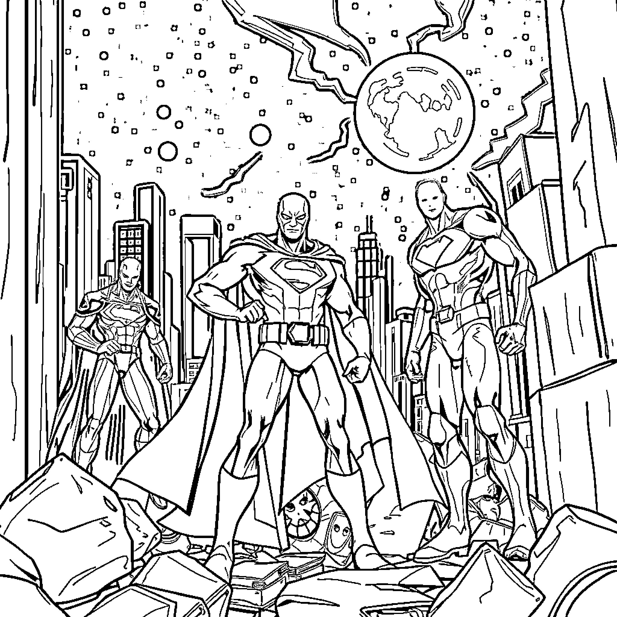 Superhero team standing tall in the city Coloring Page (free black-and-white line drawing printable PDF for all, from beginners to advanced learners, including children, teens, adults, and seniors)