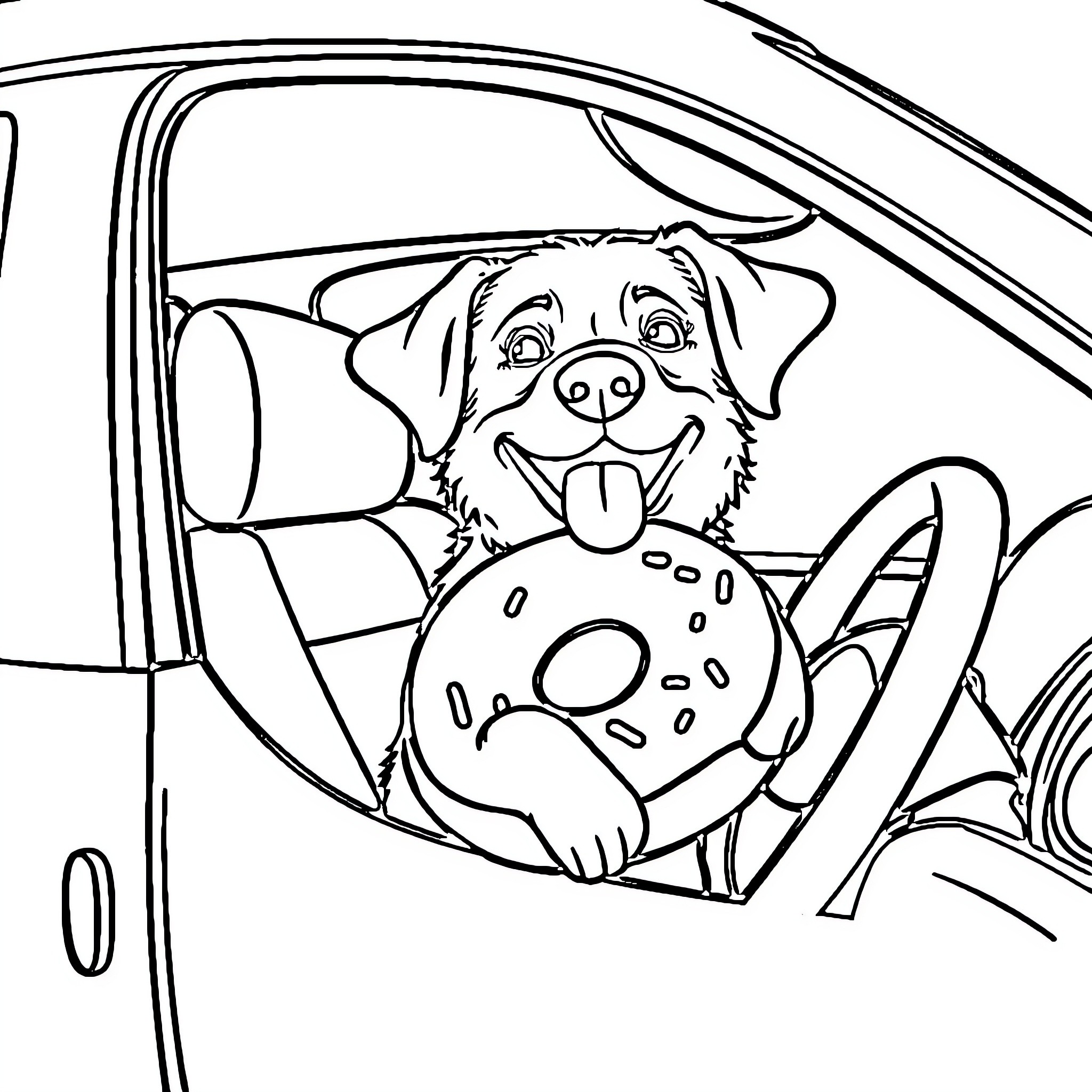 Dog Enjoying a Sweet Treat in the Car Coloring Page (free black-and-white line drawing printable PDF for all, from beginners to advanced learners, including children, teens, adults, and seniors)