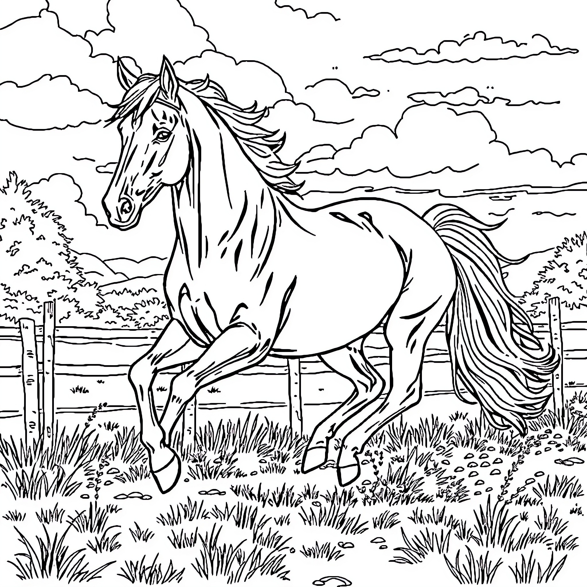 Horse galloping freely in pastoral landscape Coloring Page (free black-and-white line drawing printable PDF for all, from beginners to advanced learners, including children, teens, adults, and seniors)