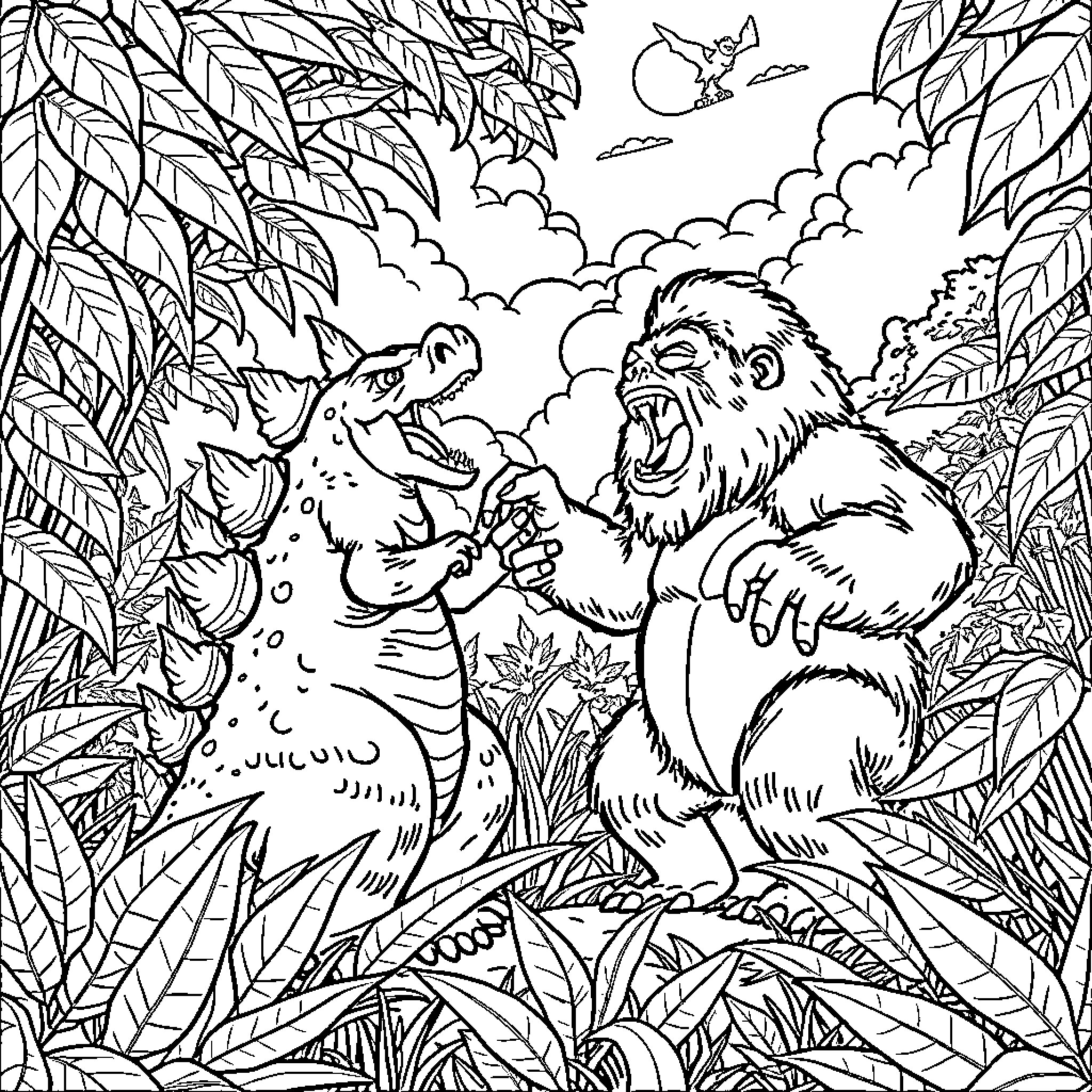 Godzilla vs. Godzilla-like Creature in Jungle Setting Coloring Page (free black-and-white line drawing printable PDF for all, from beginners to advanced learners, including children, teens, adults, and seniors)