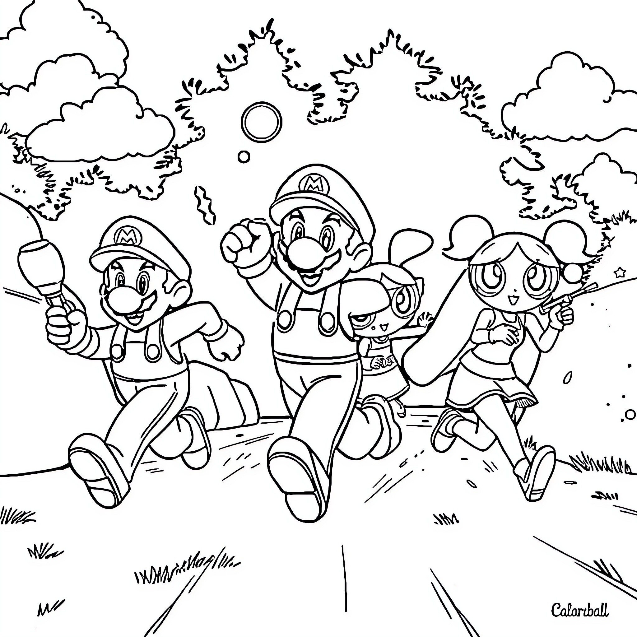 Mario and friends on an adventure in the outdoors Coloring Page (free black-and-white line drawing printable PDF for all, from beginners to advanced learners, including children, teens, adults, and seniors)