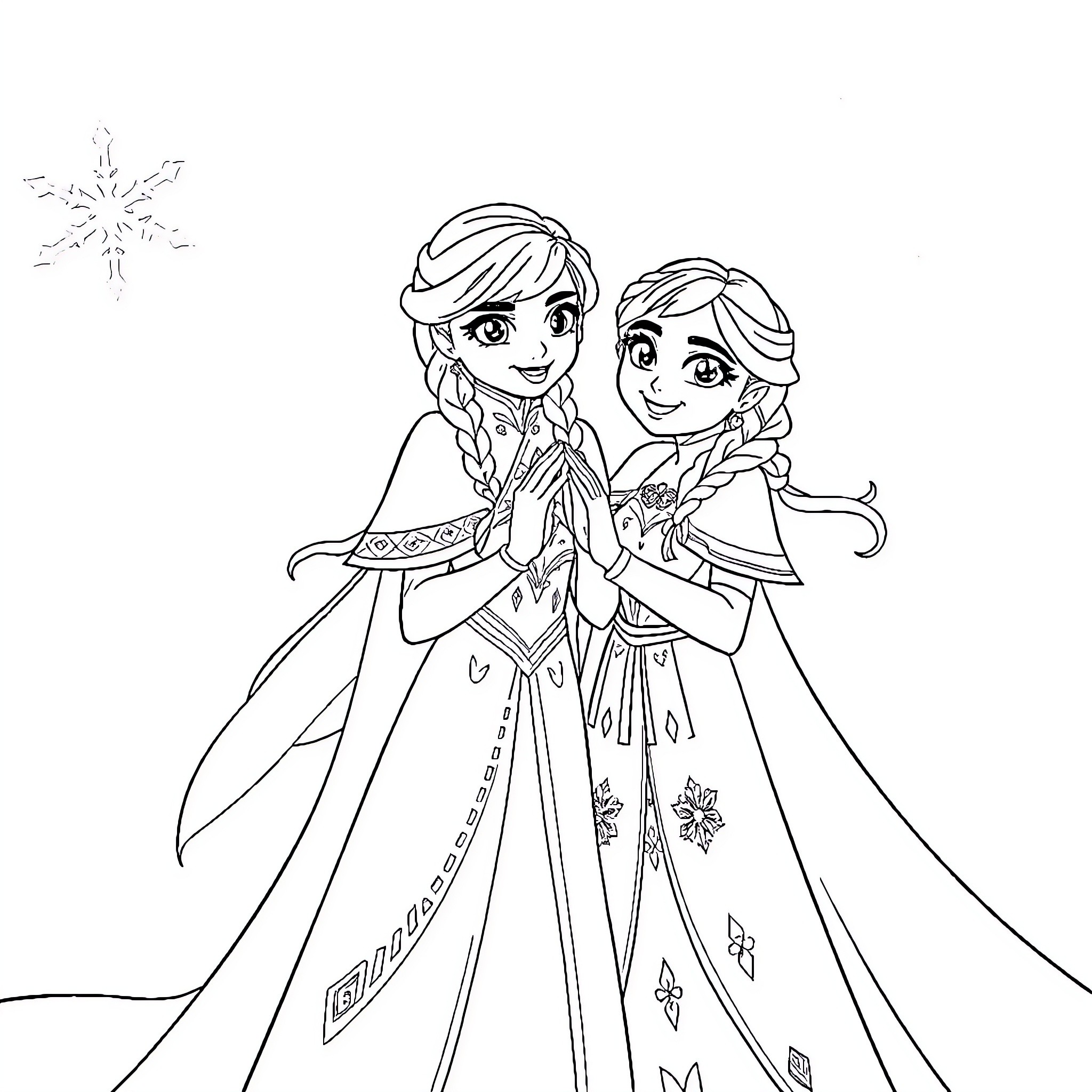 Frozen sisters in elegant winter attire Coloring Page (free black-and-white line drawing printable PDF for all, from beginners to advanced learners, including children, teens, adults, and seniors)